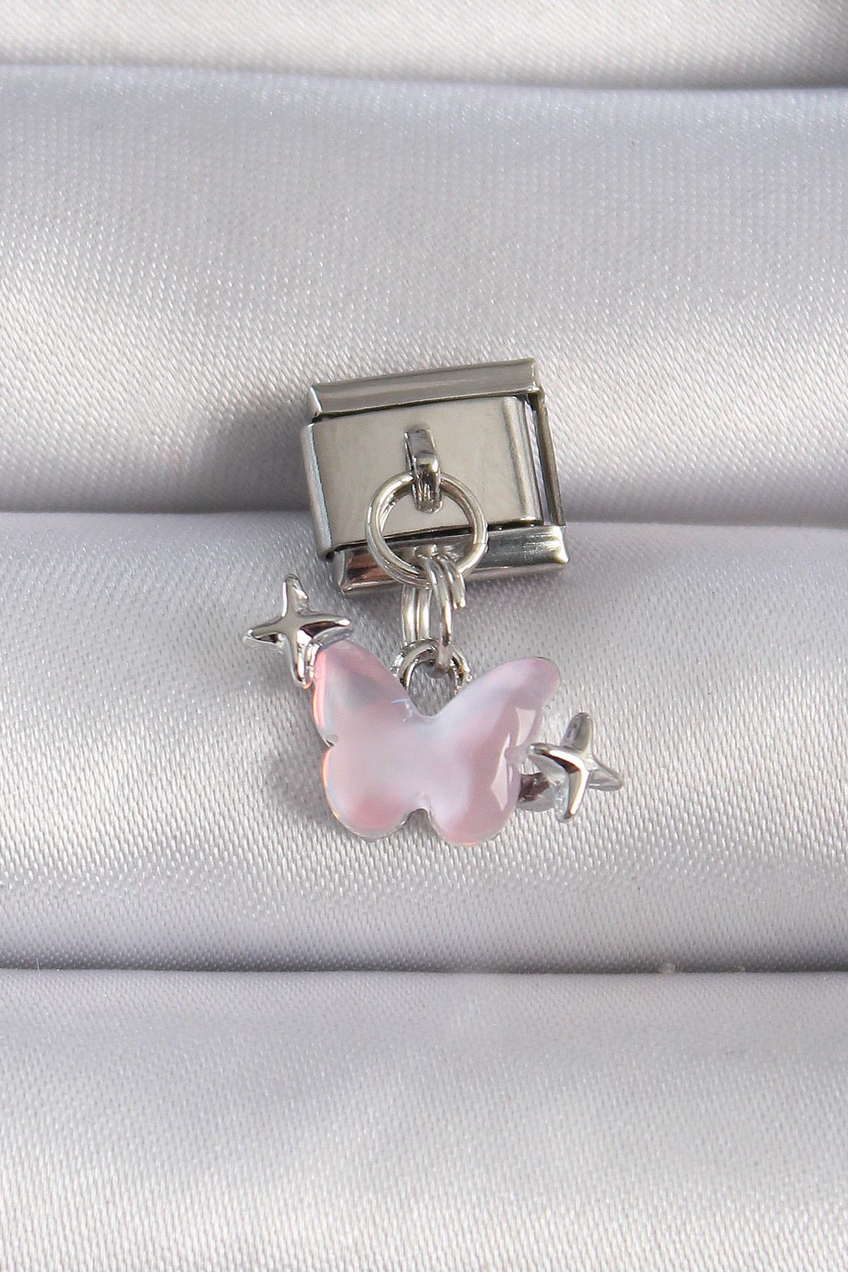 Toptan Bulurum-316L Steel Silver Color Dangle Pink Enamel Star Detailed Nomination Charm - Tj-Bc1062 1