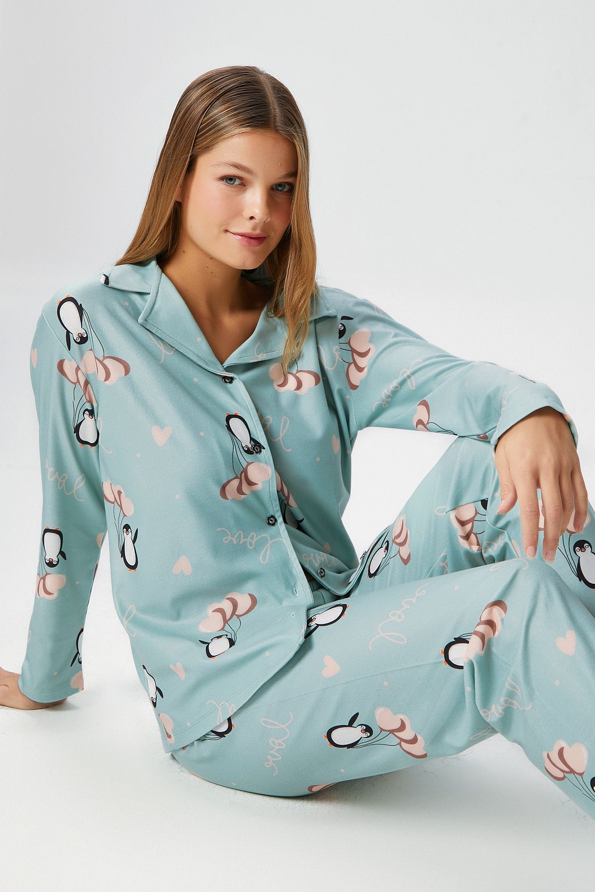 Ritnice-Women's Nora Premium Mint Penguin Suede Texture Button Christmas Pajamas Set 5