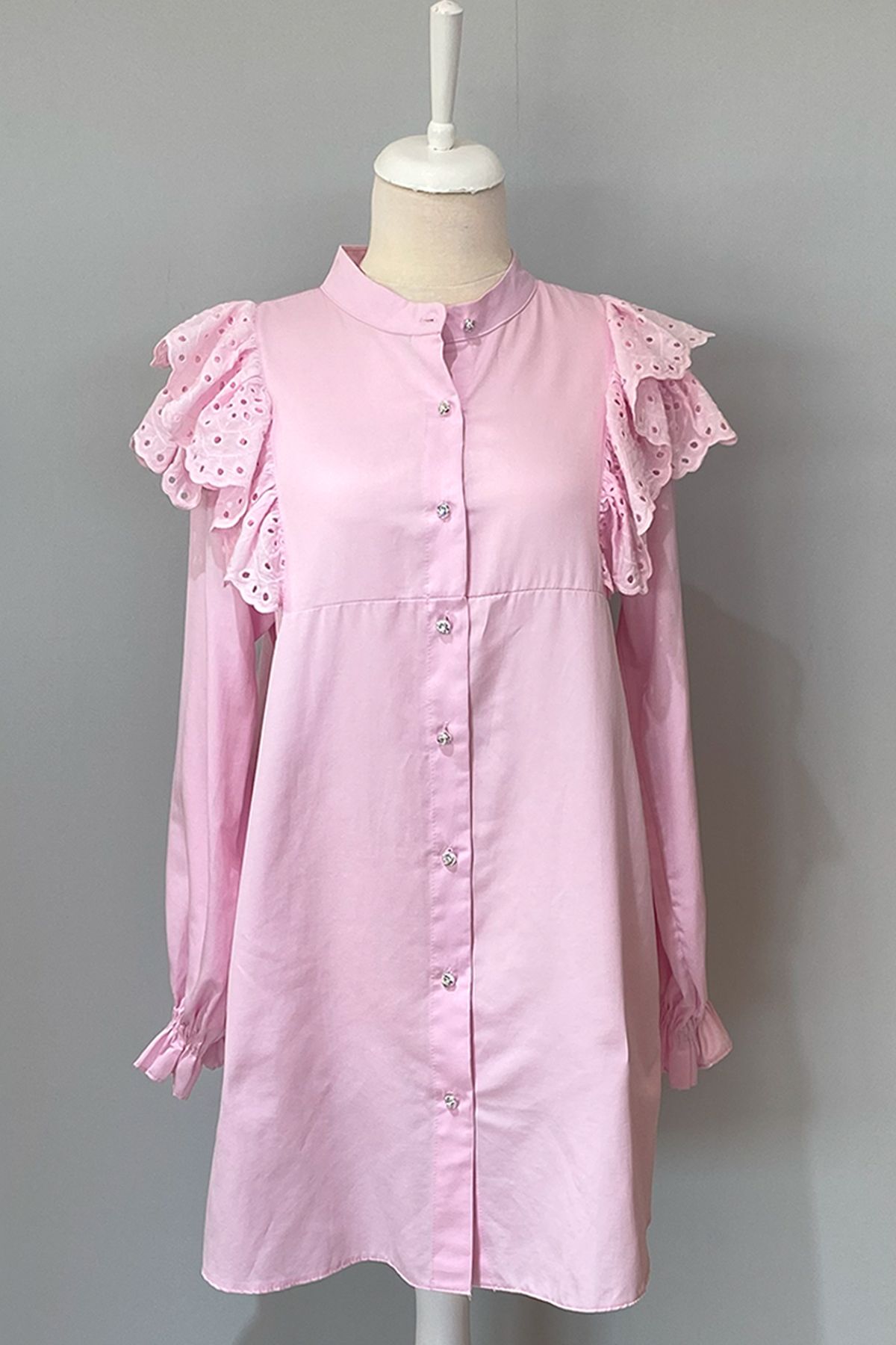 Lale Butik-Sahra Pink Cotton Satin Tunic Shirt - Scalloped Ruffle Detail 4114 4