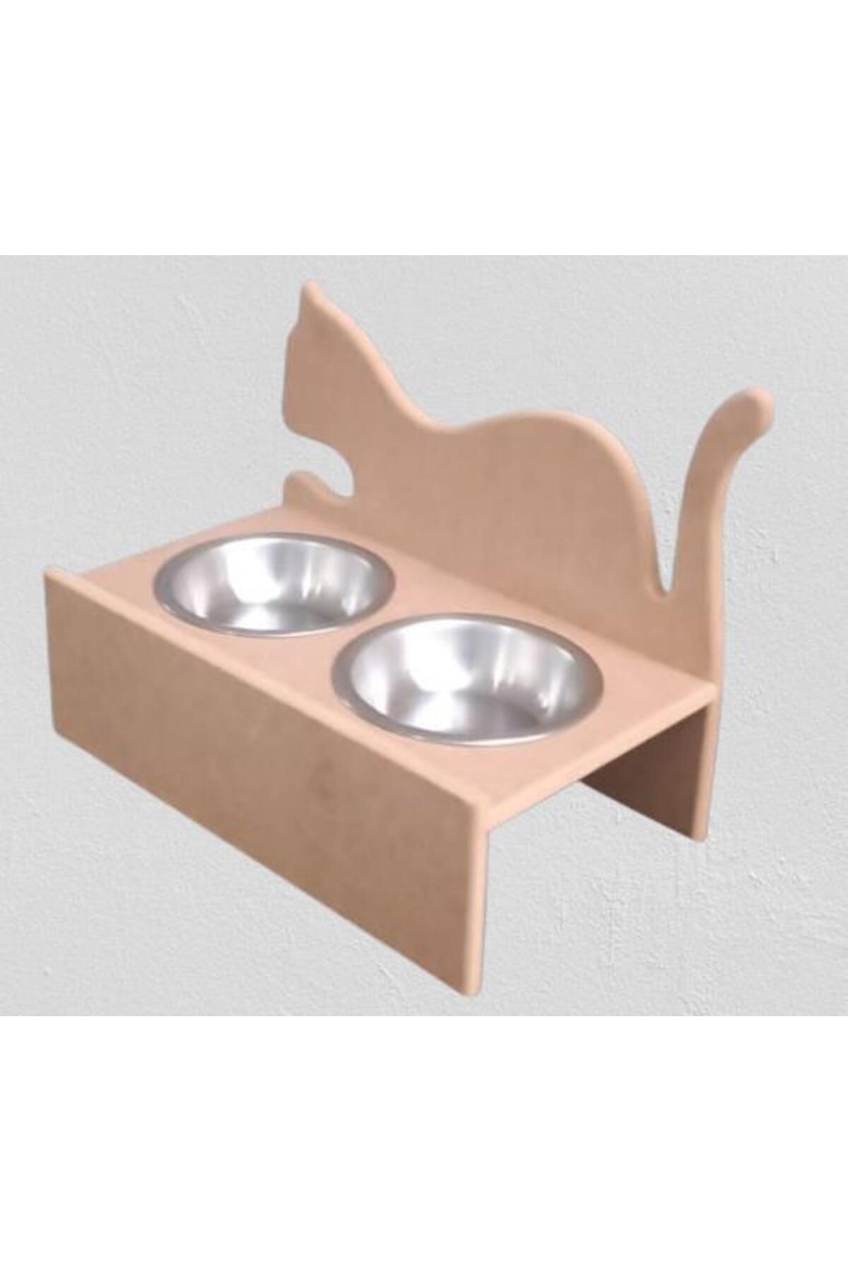 BENGİ TİCARET-Hobby Erc 90368 Model - Wooden MDF Raw Stainless Cat Food and Water Bowl Handmade 3