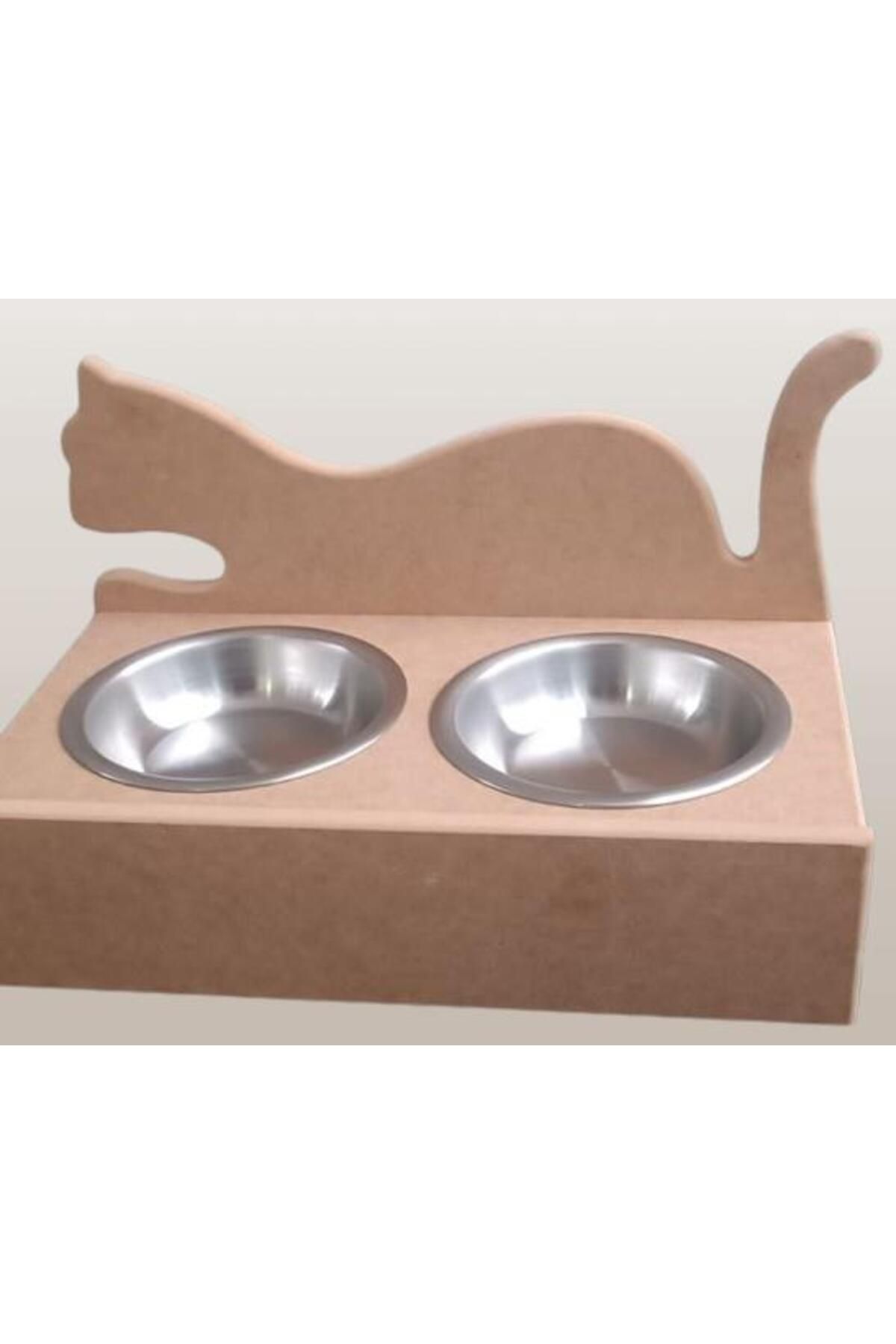 BENGİ TİCARET-Hobby Erc 90368 Model - Wooden MDF Raw Stainless Cat Food and Water Bowl Handmade 6