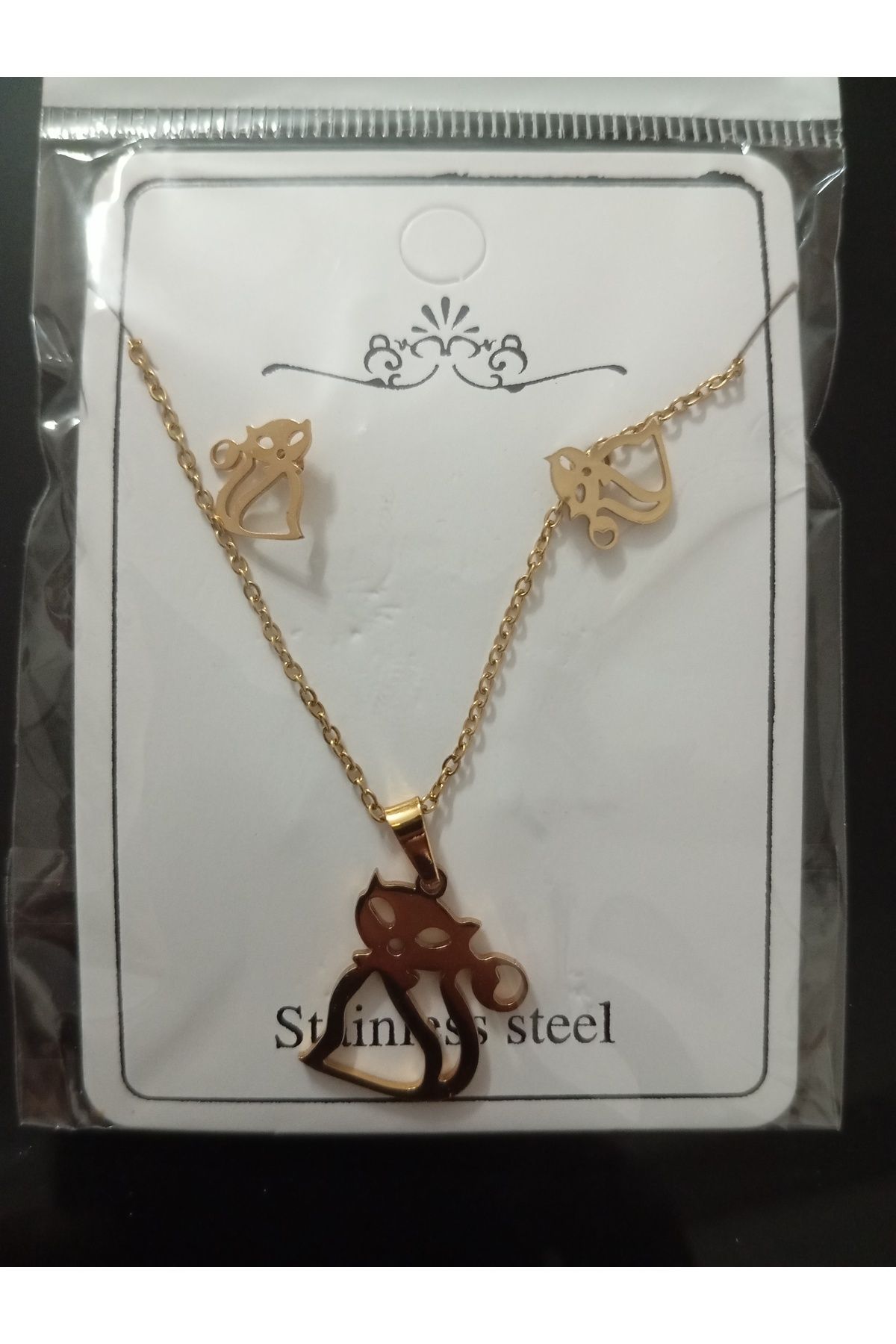 staınless steel-Stainless Steel Earrings and Necklace Set - Steel Cat Motif 2