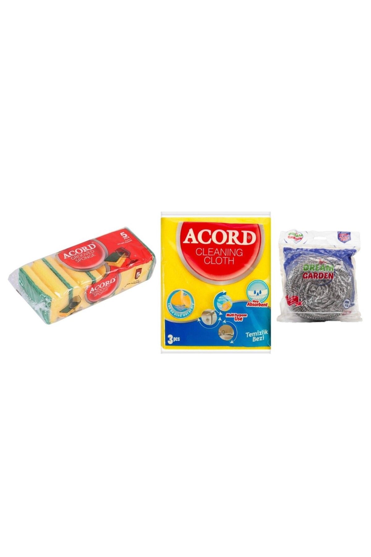 Acord 5'li Bulaşık Süngeri+Acord 3'lü Temizlik Bezi+Garden Bulaşık Teli-3'lü Set