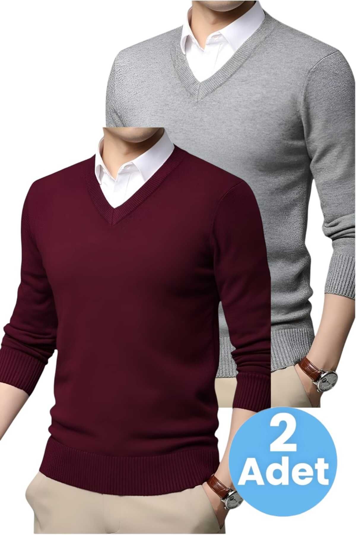 Uniquerrs-Men's V-Neck Long Sleeve Knitwear Slim Fit Sweater Set of 2 1