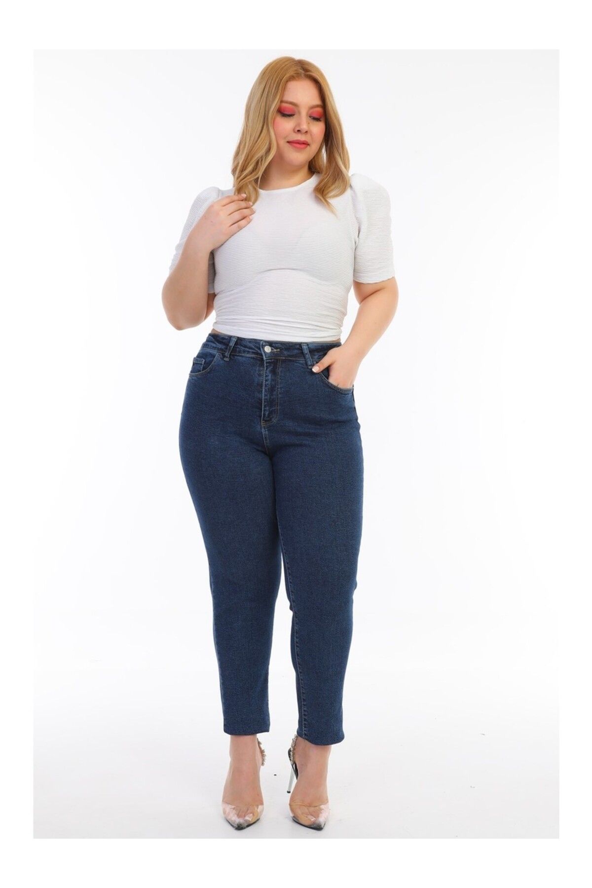 TRENDNATUREL-Pantaloni Ramrod Plus Size Bleumarin Lycra Mom Jean 1