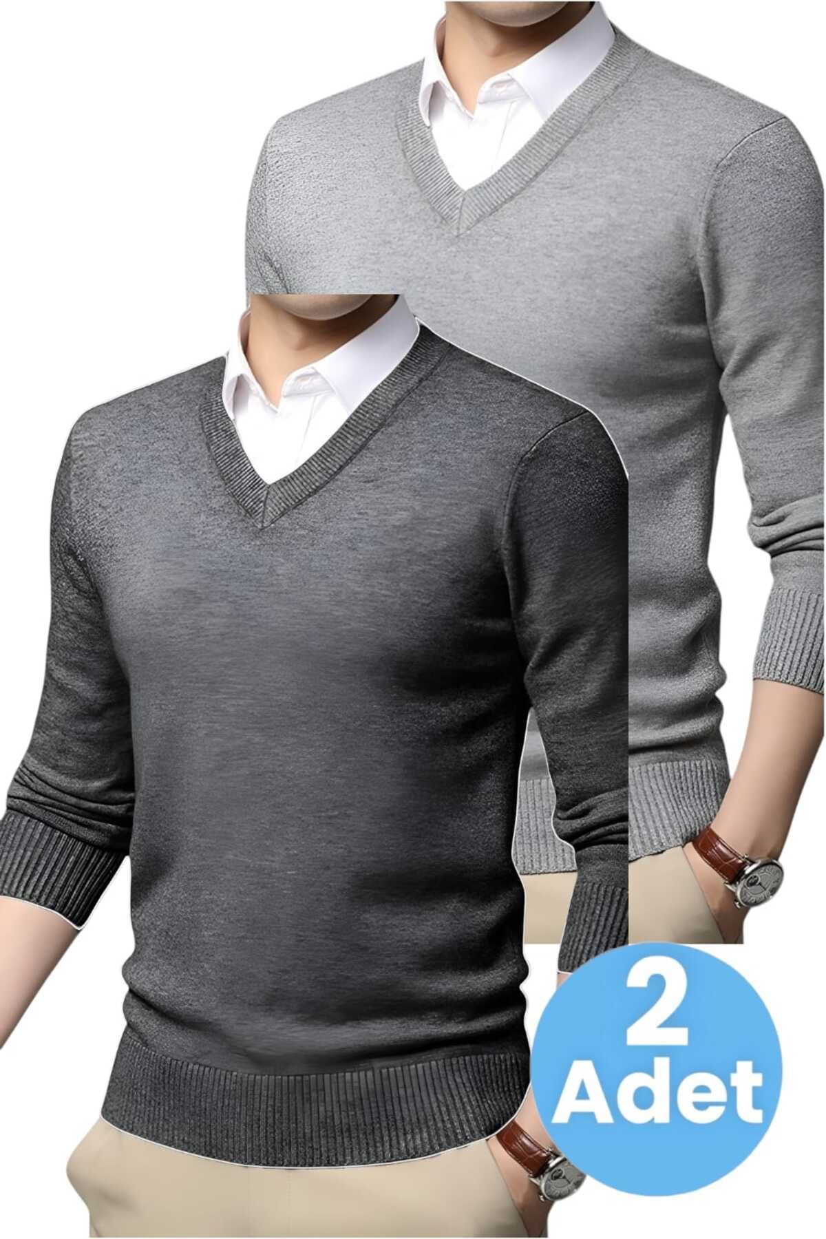 Uniquetrenders-Men's V-Neck Long Sleeve Knitwear Slim Fit Sweater Set of 2 1