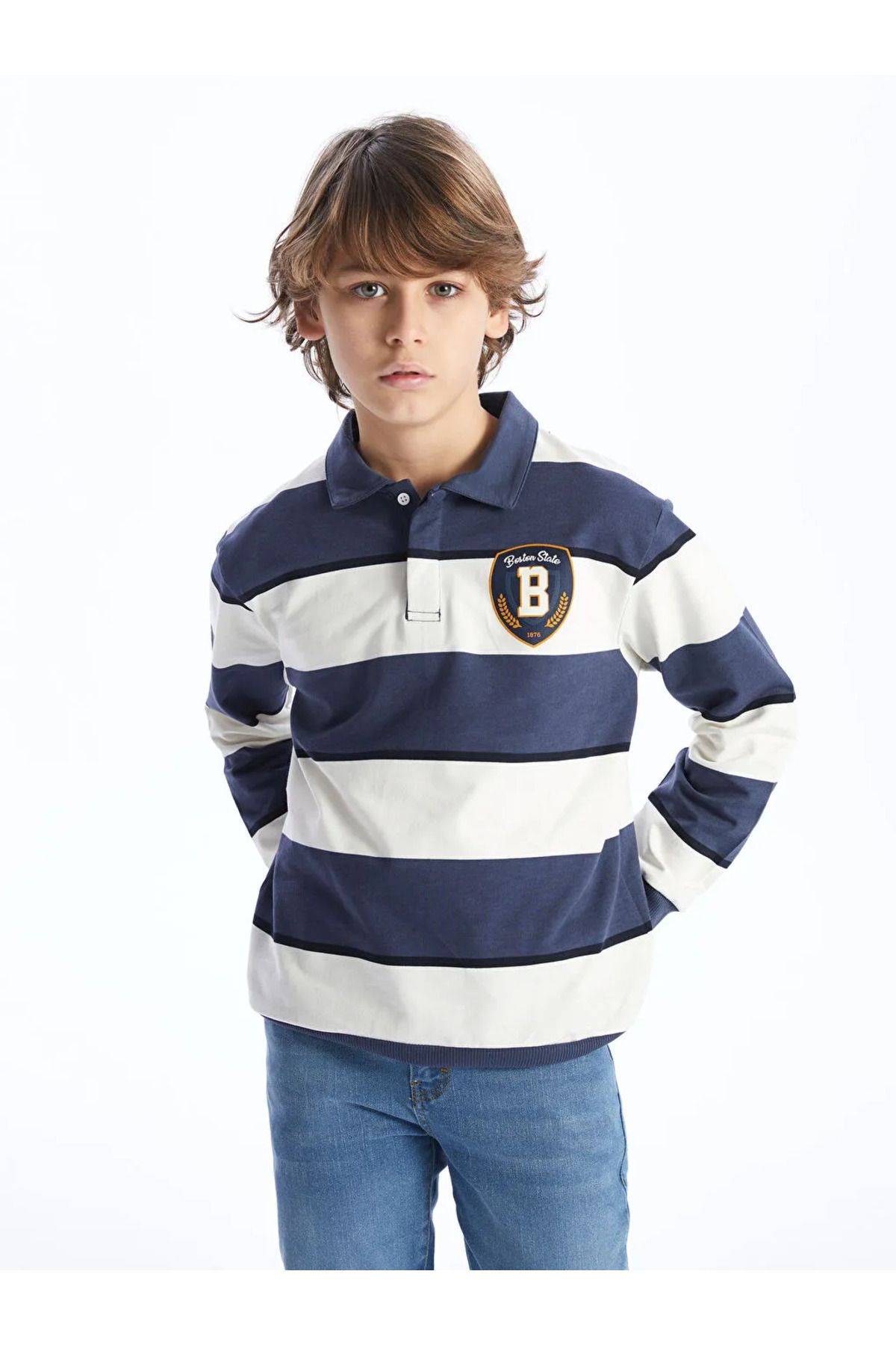 LC Waikiki-Ecru Polo Neck Striped Boy Sweatshirt - Lcw Kids, Comfortable Fit Imrex Global 1