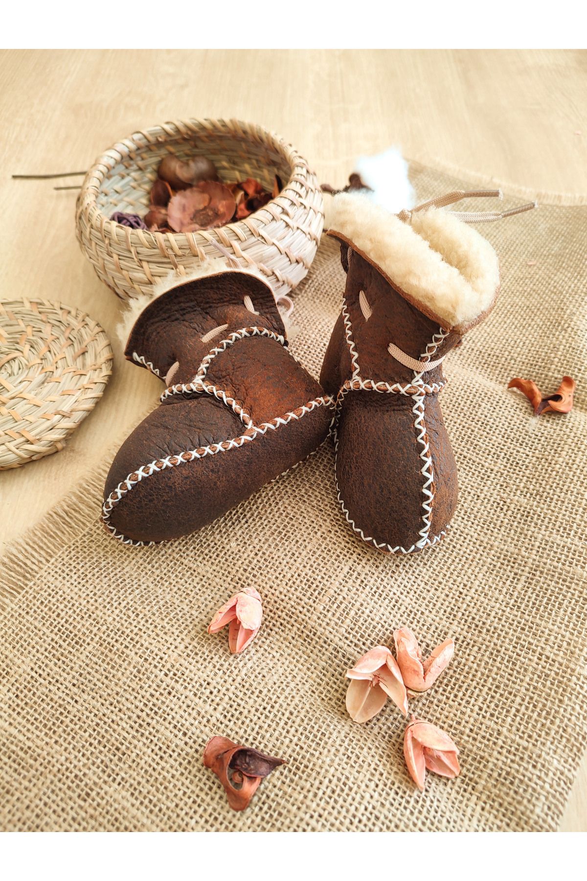 Sitilin-Organic Suede Leather Unisex Baby Booties Natural Baby Booties with Wool Inside Stl5222 1