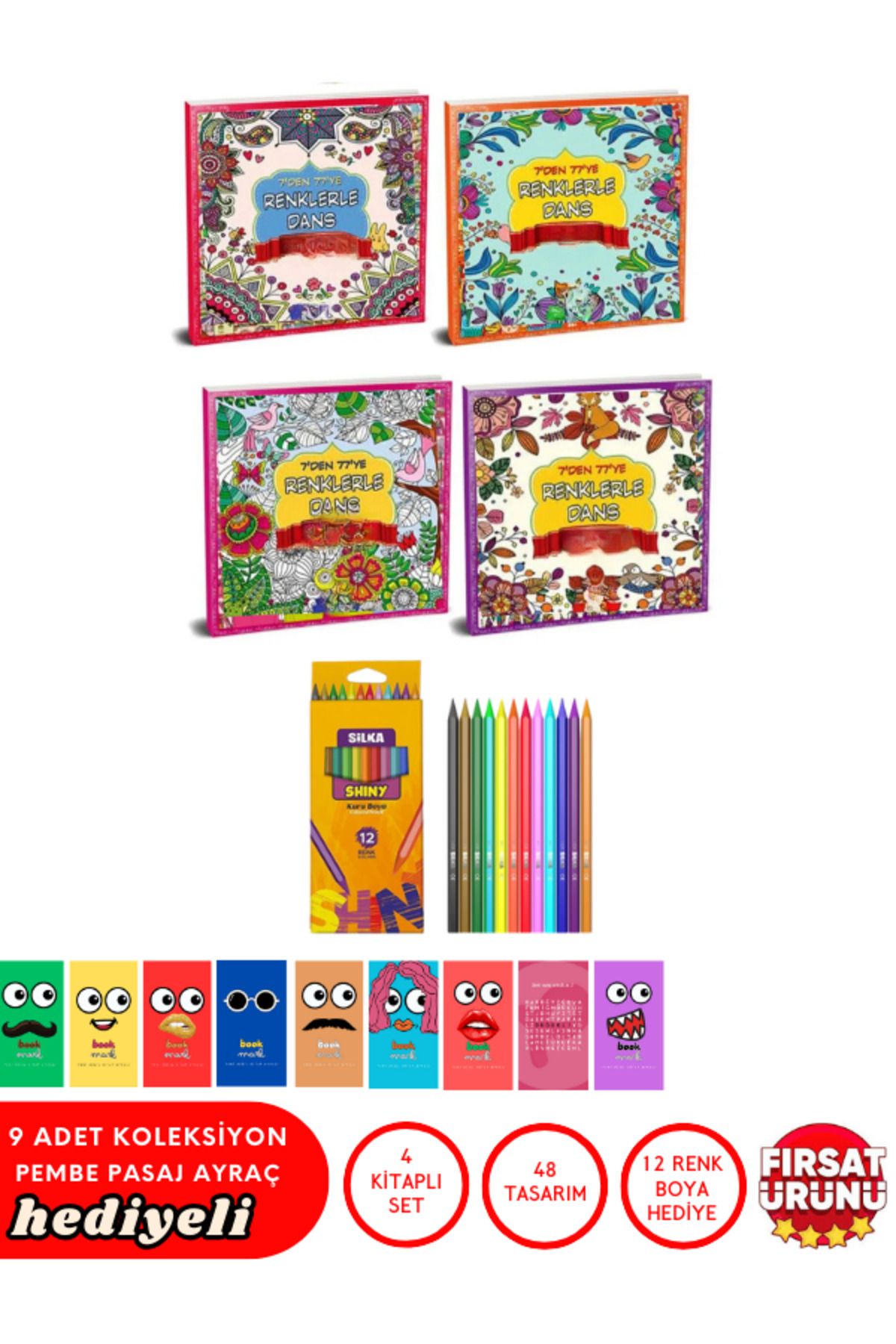 Pembe Pasaj Mandala Kitap Seti 4'lü - 12 Renk Kuru Boya Hediyeli, Stres Giderici ve Yaratıcı Boyama Kitabı