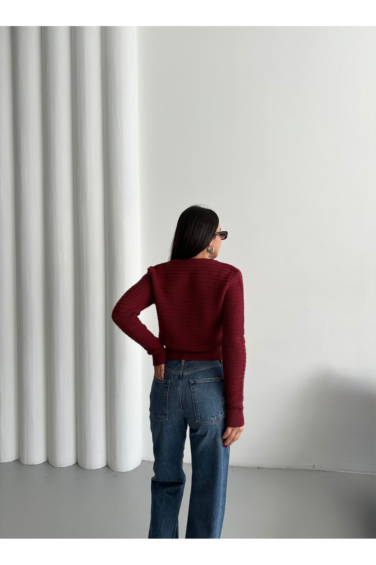 Laluvia-Burgundy Crew Neck Knitted Basic Cardigan-00279 8