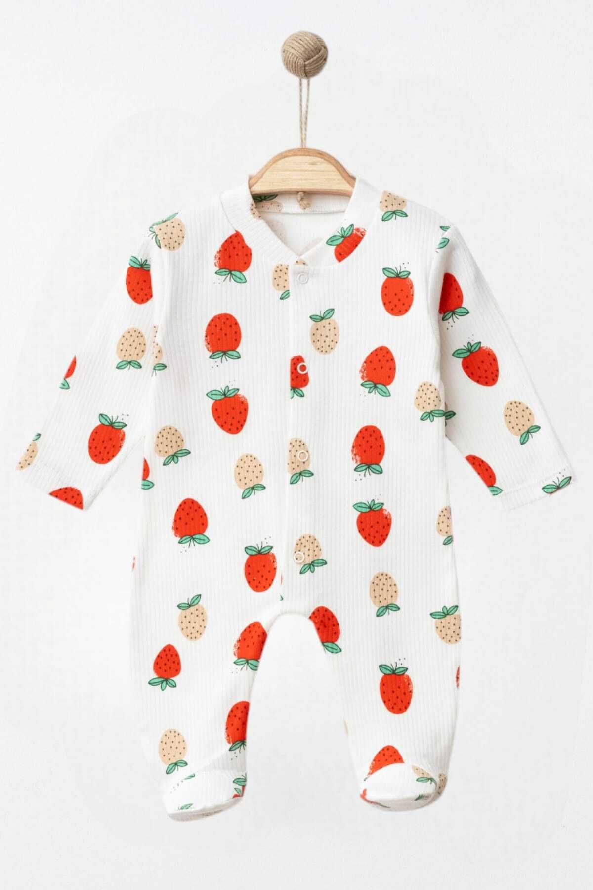 dinamik çocuk-Newborn Baby Girl Romper - Strawberry Printed, Ribbed Seasonal, 100% Cotton, 3-6 Bears 1