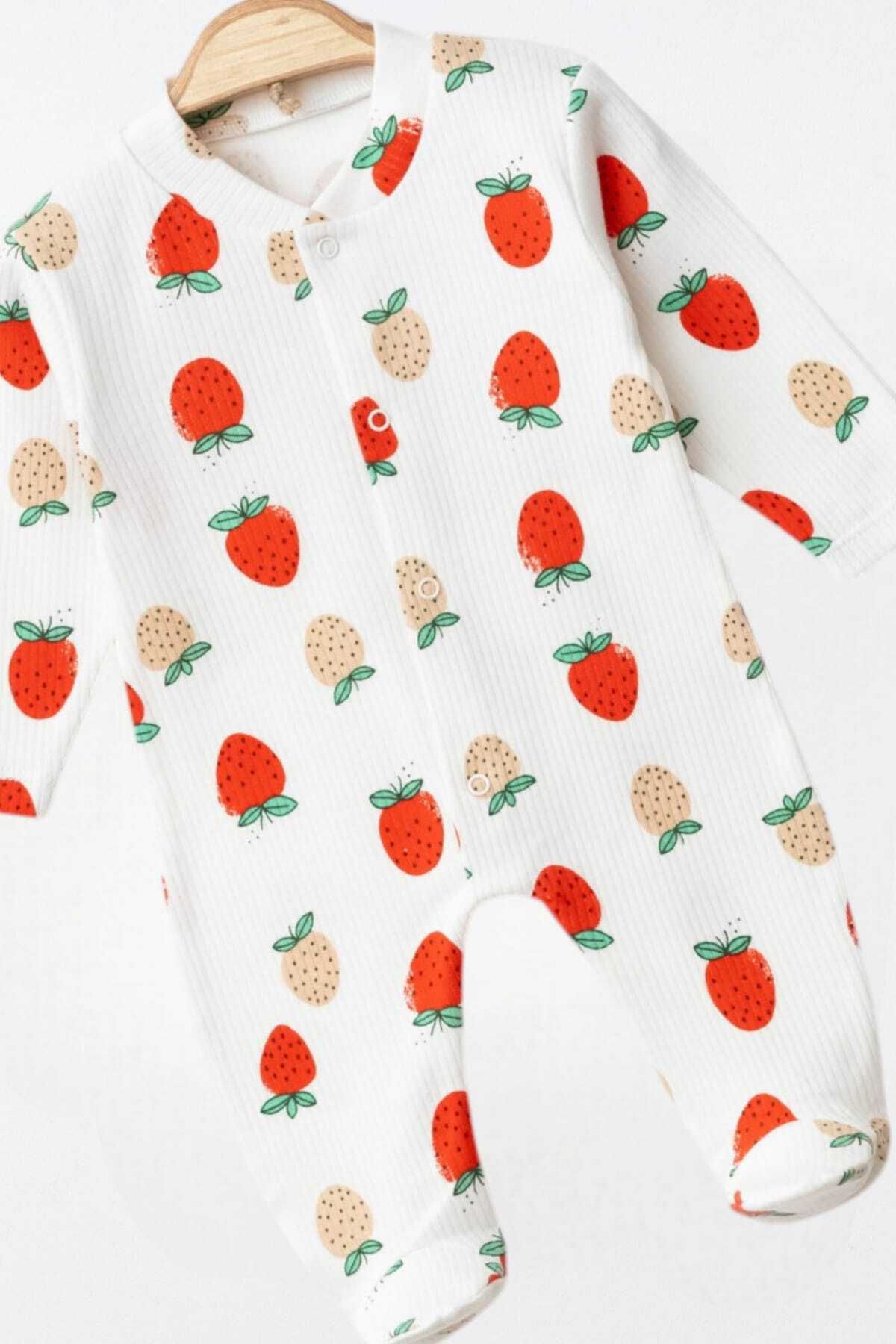 dinamik çocuk-Newborn Baby Girl Romper - Strawberry Printed, Ribbed Seasonal, 100% Cotton, 3-6 Bears 2