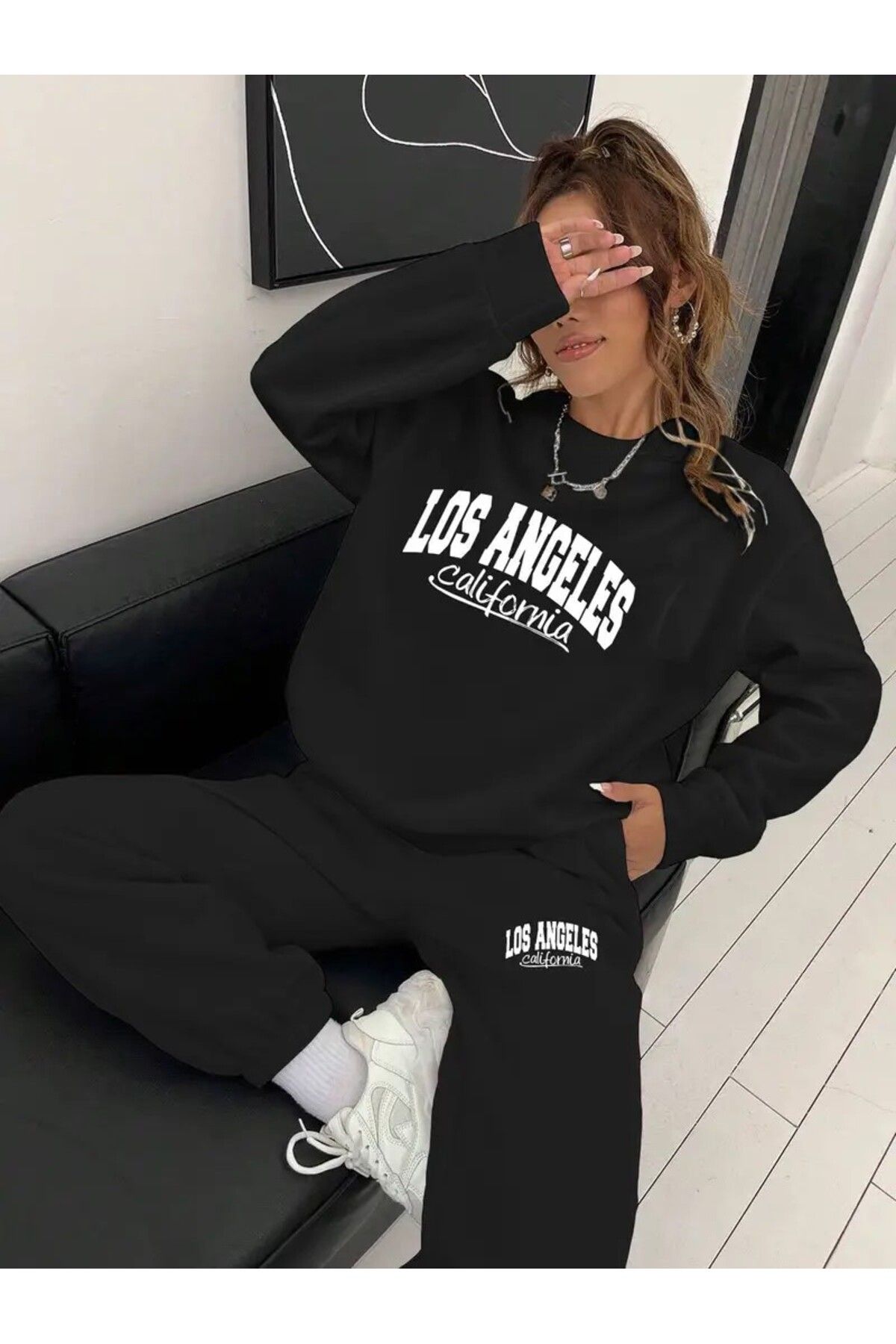 Biy Store-Los Angeles Letter Print Geometric Knit Polyester Sweat Suit for Women - Crew Neck, Long Sleeve 1