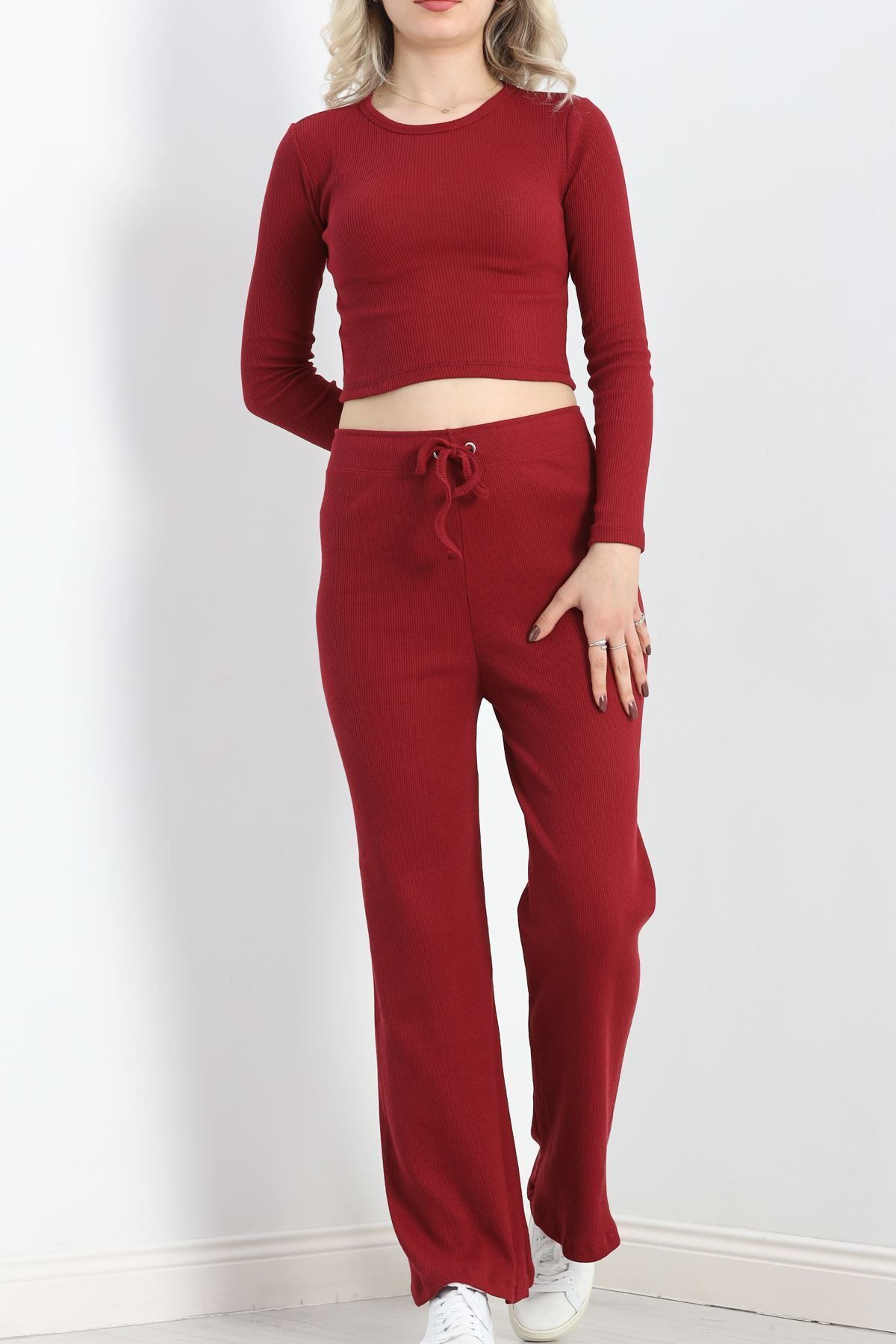 ZANBUTİK-Burgundy Crew Neck Camisole Double Set - 19404.1567 1