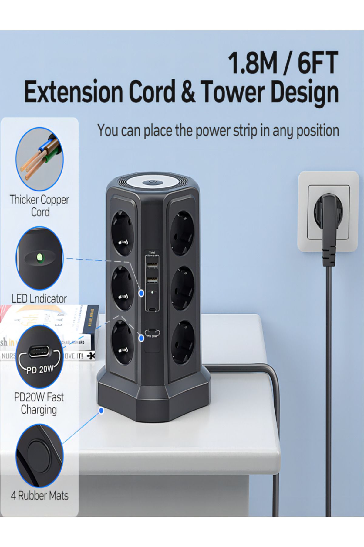 Choice-110-250V EU 12 black Eu Black Multi-socket surge Protector 4000W 16A with USB port, multi-plug with 8