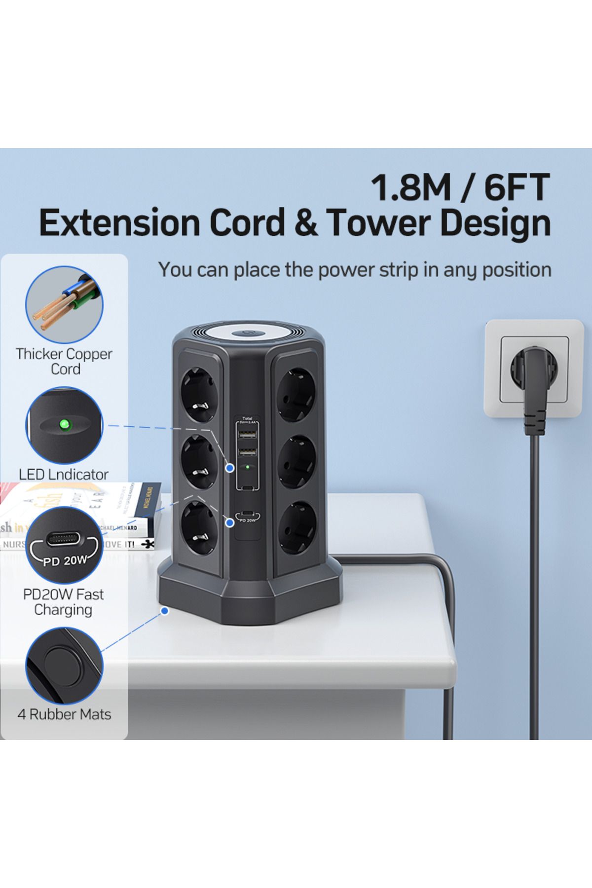 Choice-110-250V EU 12 black Eu Black Multi-socket surge Protector 4000W 16A with USB port, multi-plug with 2