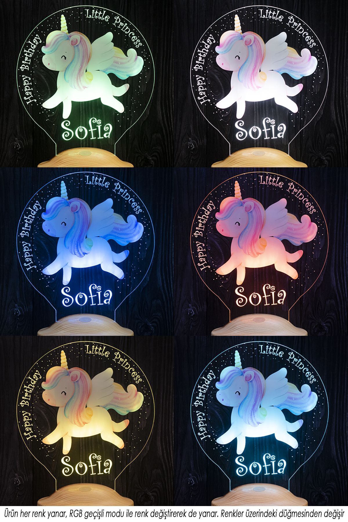 SEVGİLAMBASI Unicorn Renkli Tek Boynuzlu At İsimli Kız Çocuk Odası Hediyesi Led Lamba, Unicorn Doğum Günü Partisi fotoğrafı 4 (önizleme)