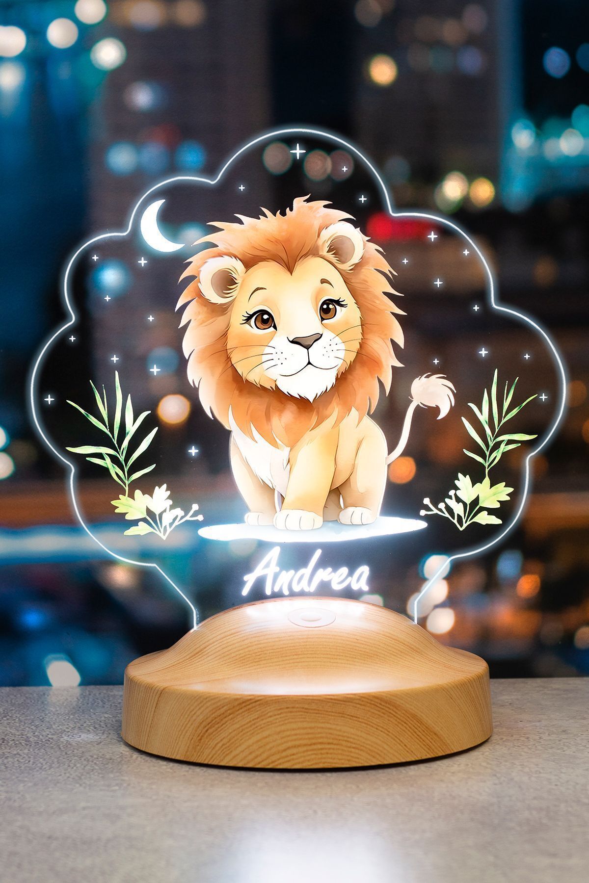 SEVGİLAMBASI Sevimli Aslan Tasarımlı İsimli Çocuk Odası Gece Lambası, Aslan Bebek Doğum Günü Hediyesi Led Lamba fotoğrafı 3 (önizleme)