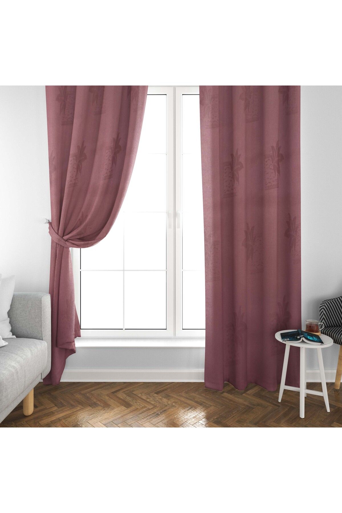 farbateks-Pink Patterned Dark Wing - Side Curtain, 1E 3 Drape Pleated 1