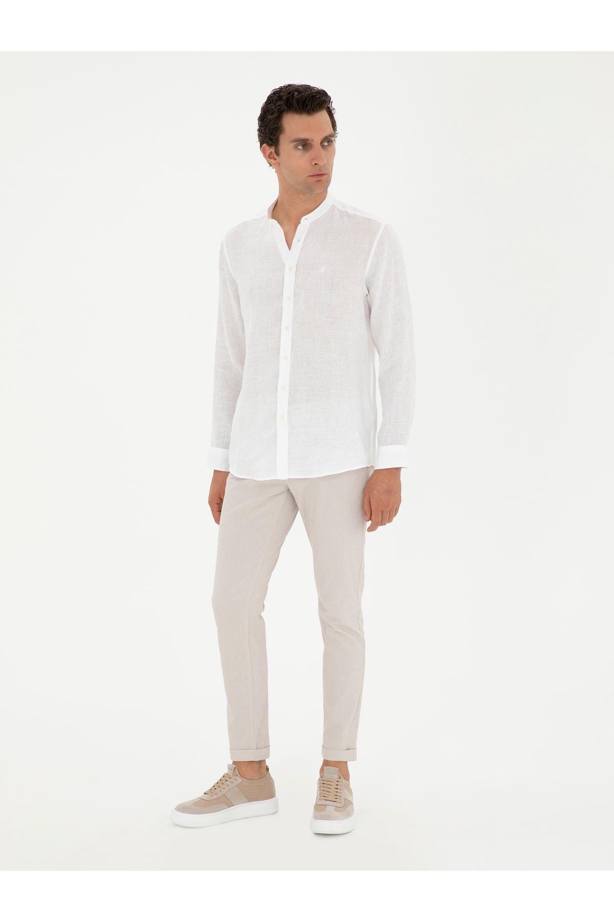 شلوار برزنتی اسلیم فیت بژ با کمر کشی برند کاشارل کد:(50289151-VR011) Cacharel