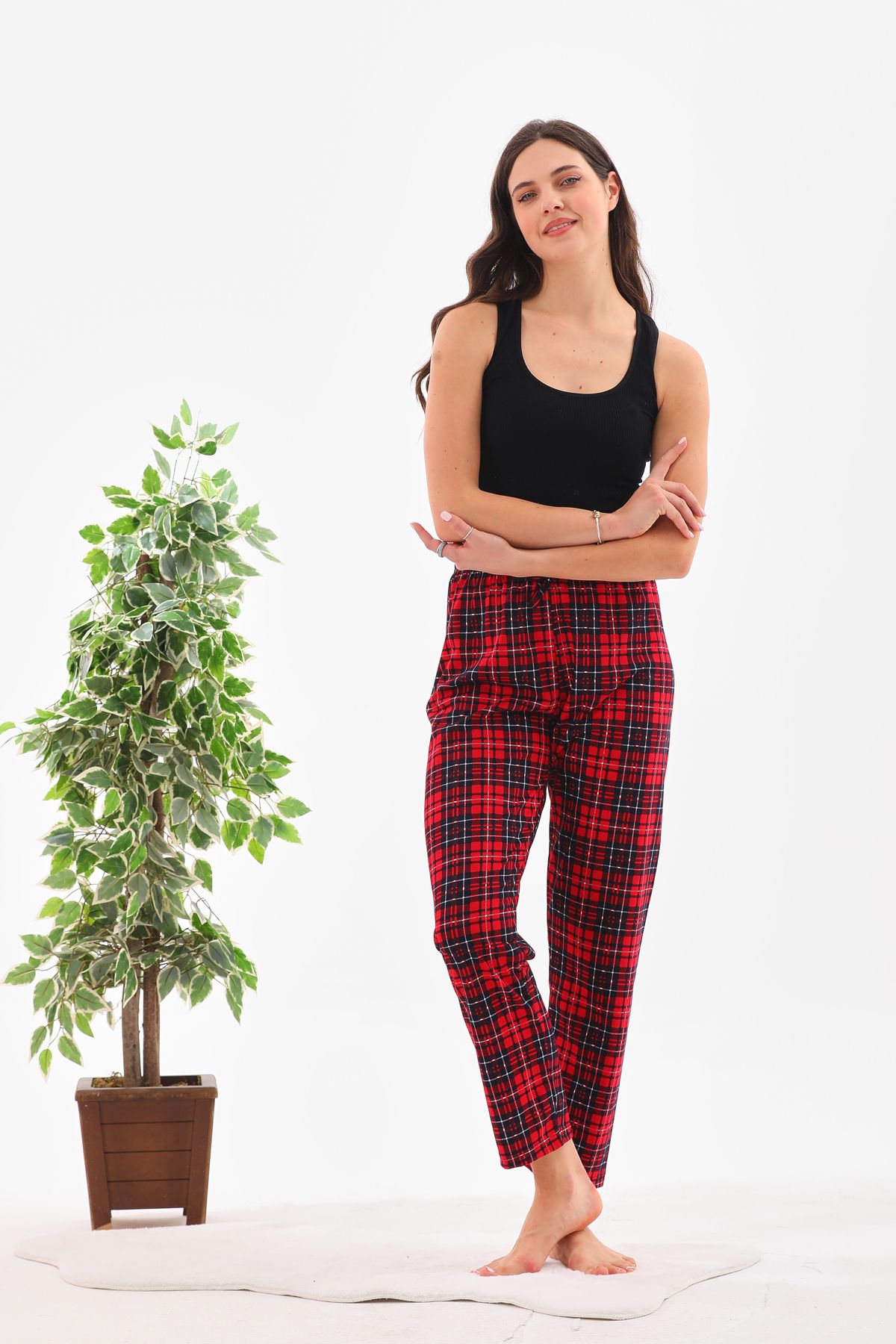 Arvin Pijama-Red Plaid Printed Cotton Unisex Relaxed Pajama Bottoms 4