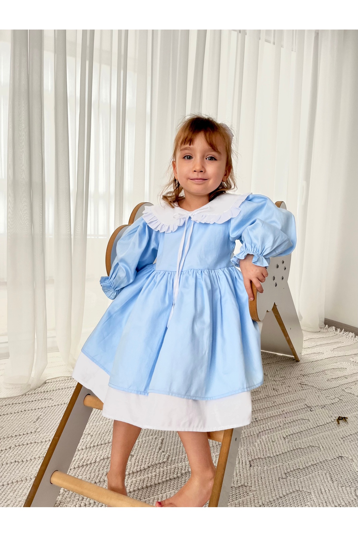 Baby Berry Baby store Kız Bebek Çocuk Bebe Yakalı Fiyonklu Elbise-Mavi (Fiyonk Çıkarılabilir) fotoğrafı 2 (önizleme)