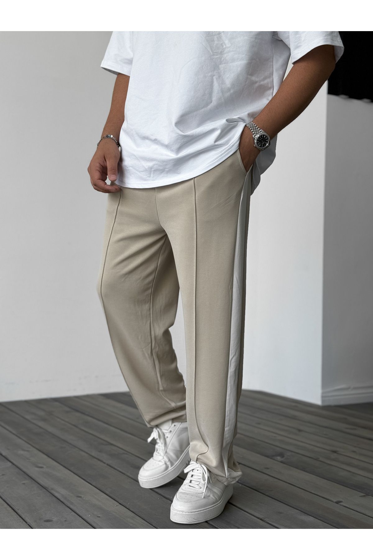 BYBASICMAN-Beige Stripe Stitched Tracksuit Ers-0303 2