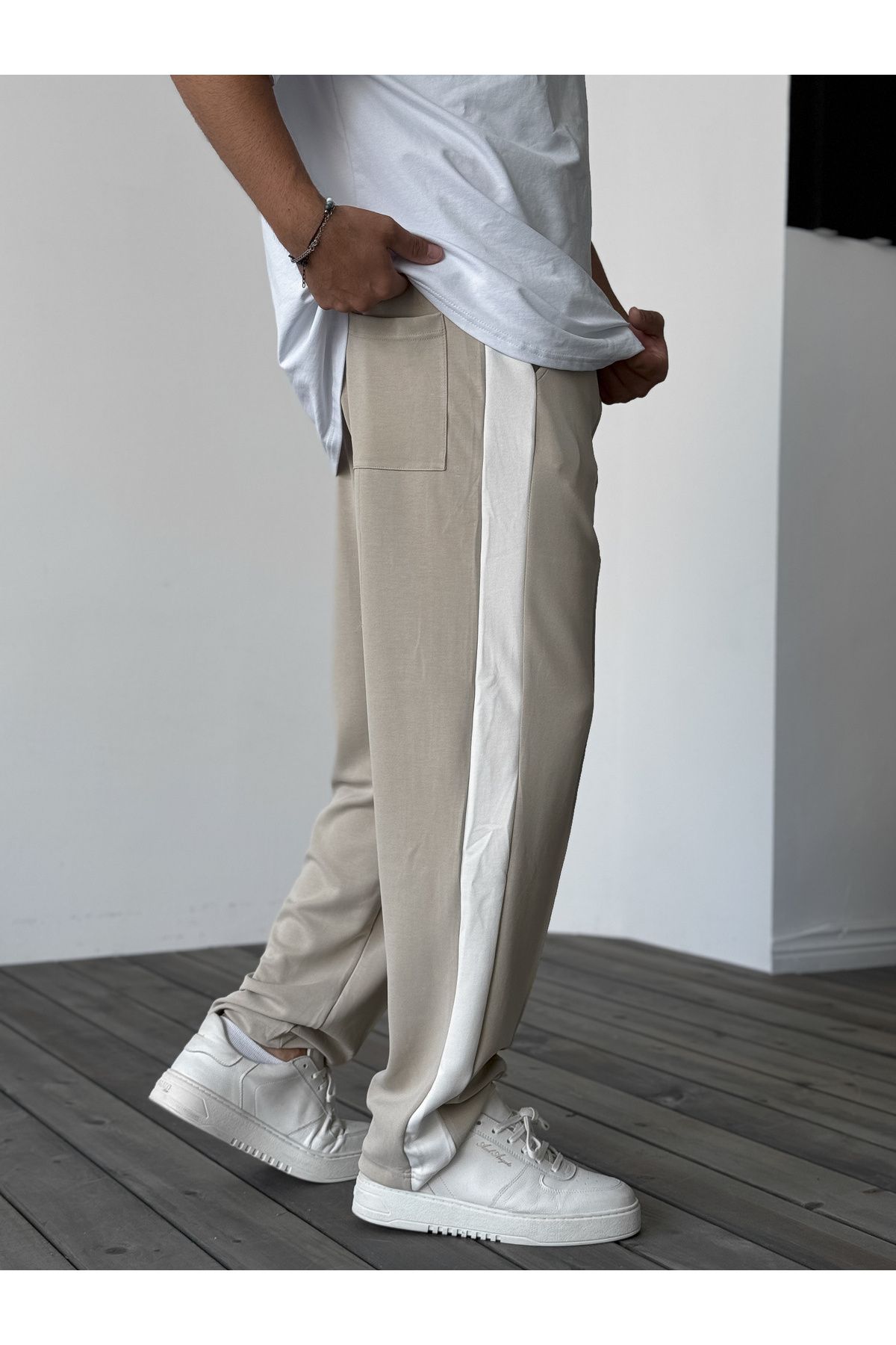 BYBASICMAN-Beige Stripe Stitched Tracksuit Ers-0303 4