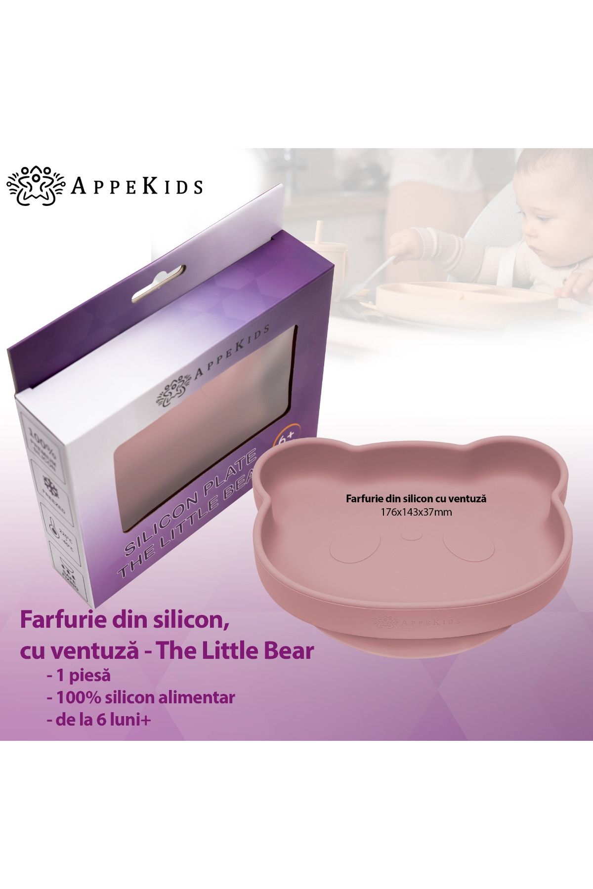 APPEKIDS-Farfurie din silicon cu ventuza, AppeKids, The Little Bear - Old Rose 2