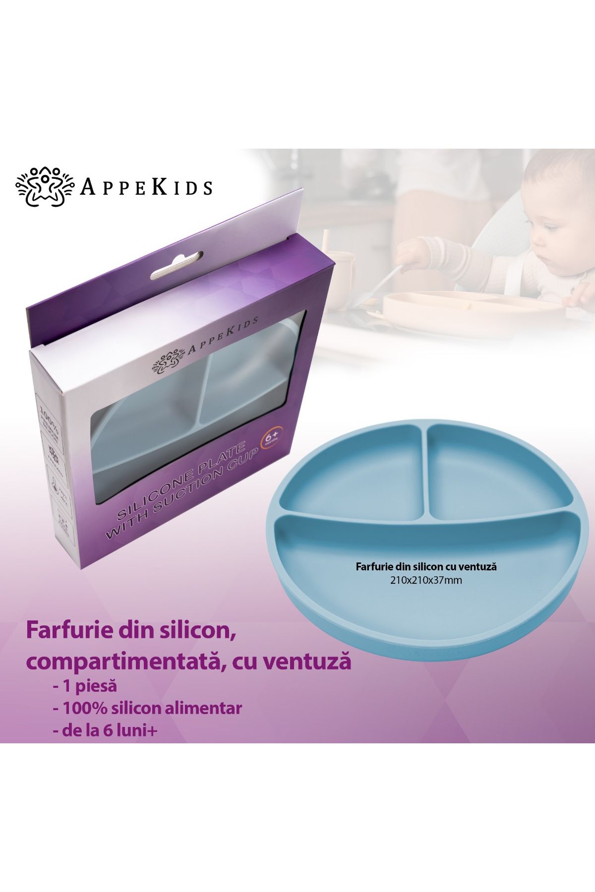 APPEKIDS-Farfurie compartimentata din silicon cu ventuza, AppeKids - Aqua Blue 2