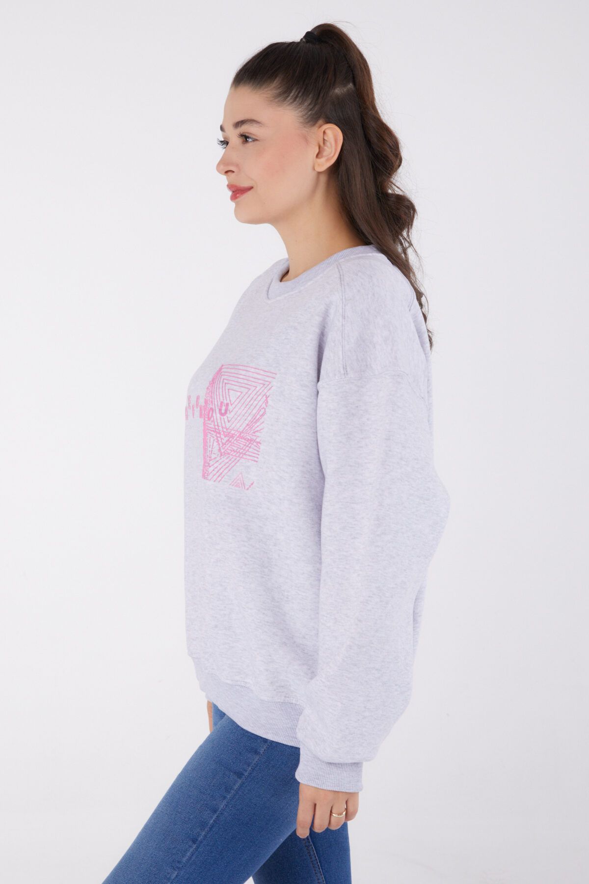 TOFİSA-Plain Crew Neck Women's Gray Printed Sweatshirt - 26473 4