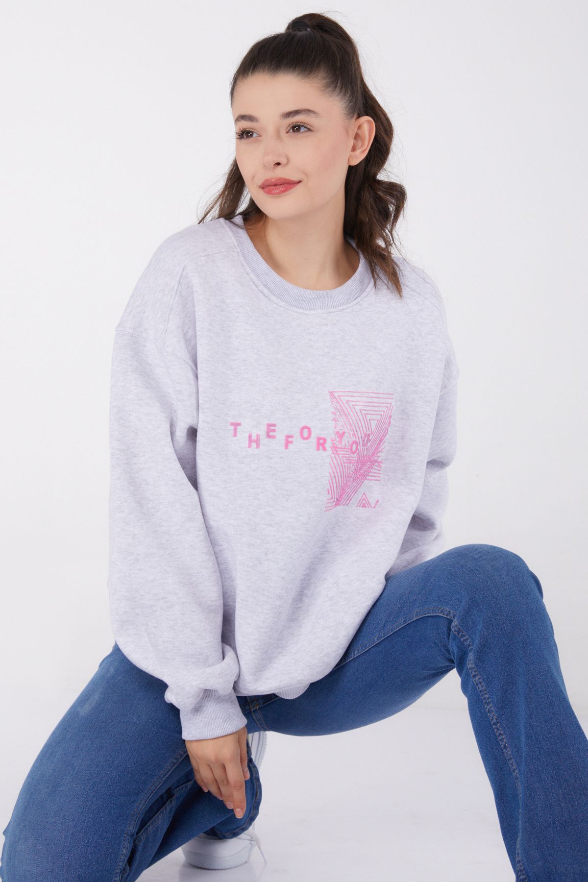 TOFİSA-Plain Crew Neck Women's Gray Printed Sweatshirt - 26473 1