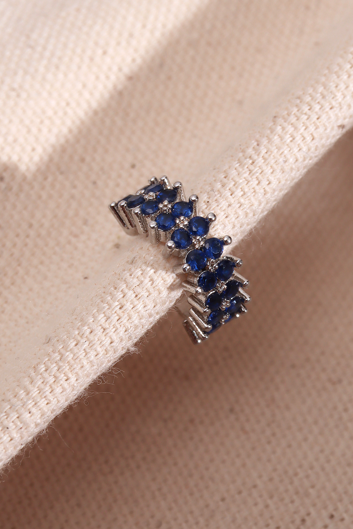 Single Compression Silver Cartilage Earrings with Two Row Navy Blue Gemstone