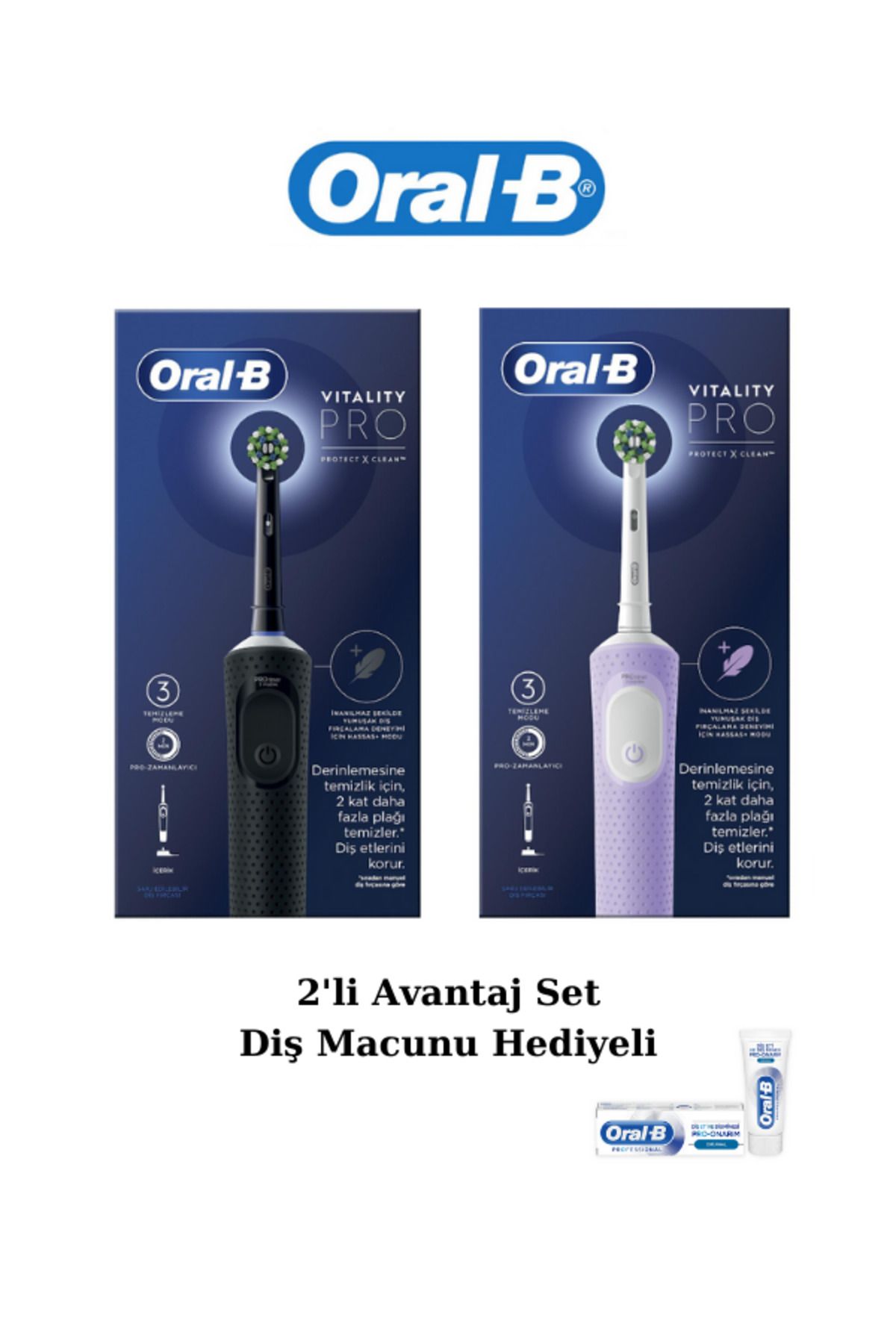 Oral-B D103 Vitality Pro Cross Action Şarjlı Elektrikli Diş Fırçası Siyah-Lila, Diş Macunu 50ml Avantaj Set