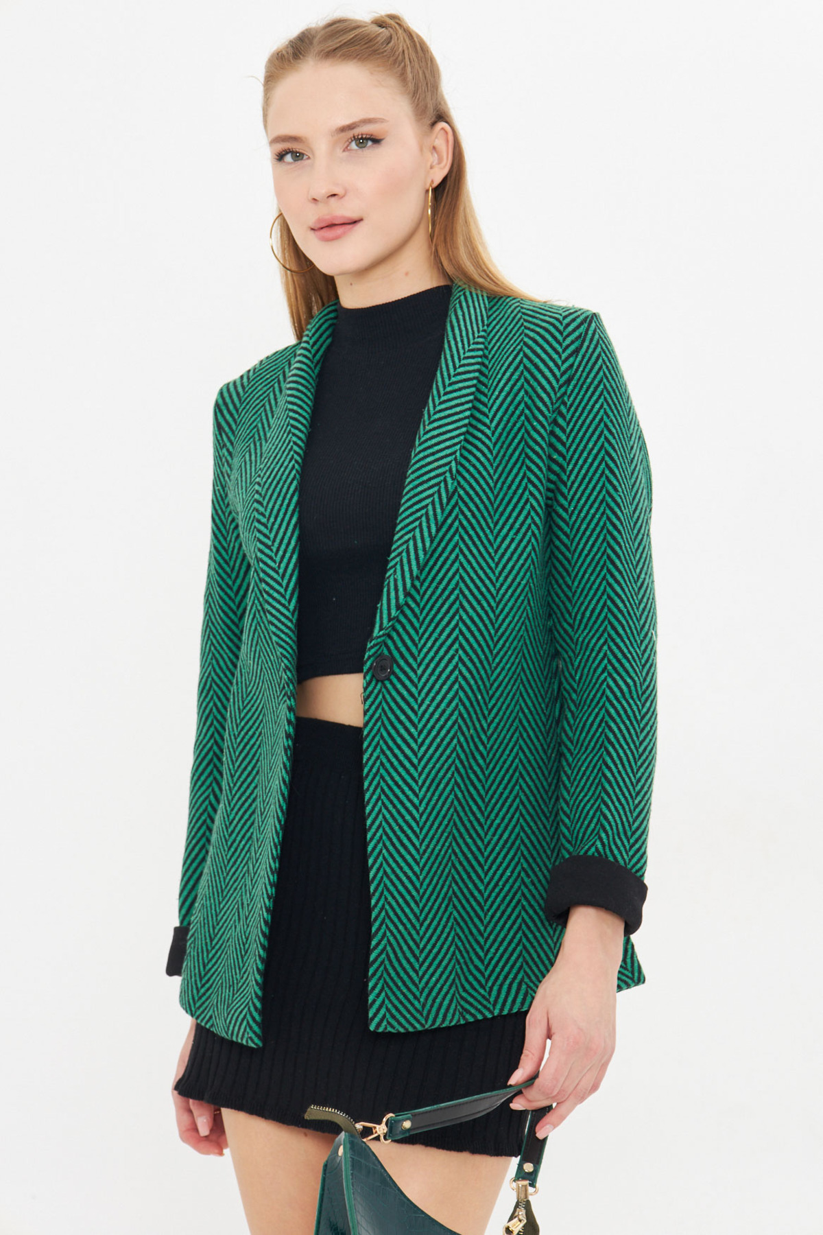 Women's Green Fishback Pattern Folded Sleeve Single Button Cachet Jacket ARM-24K001066