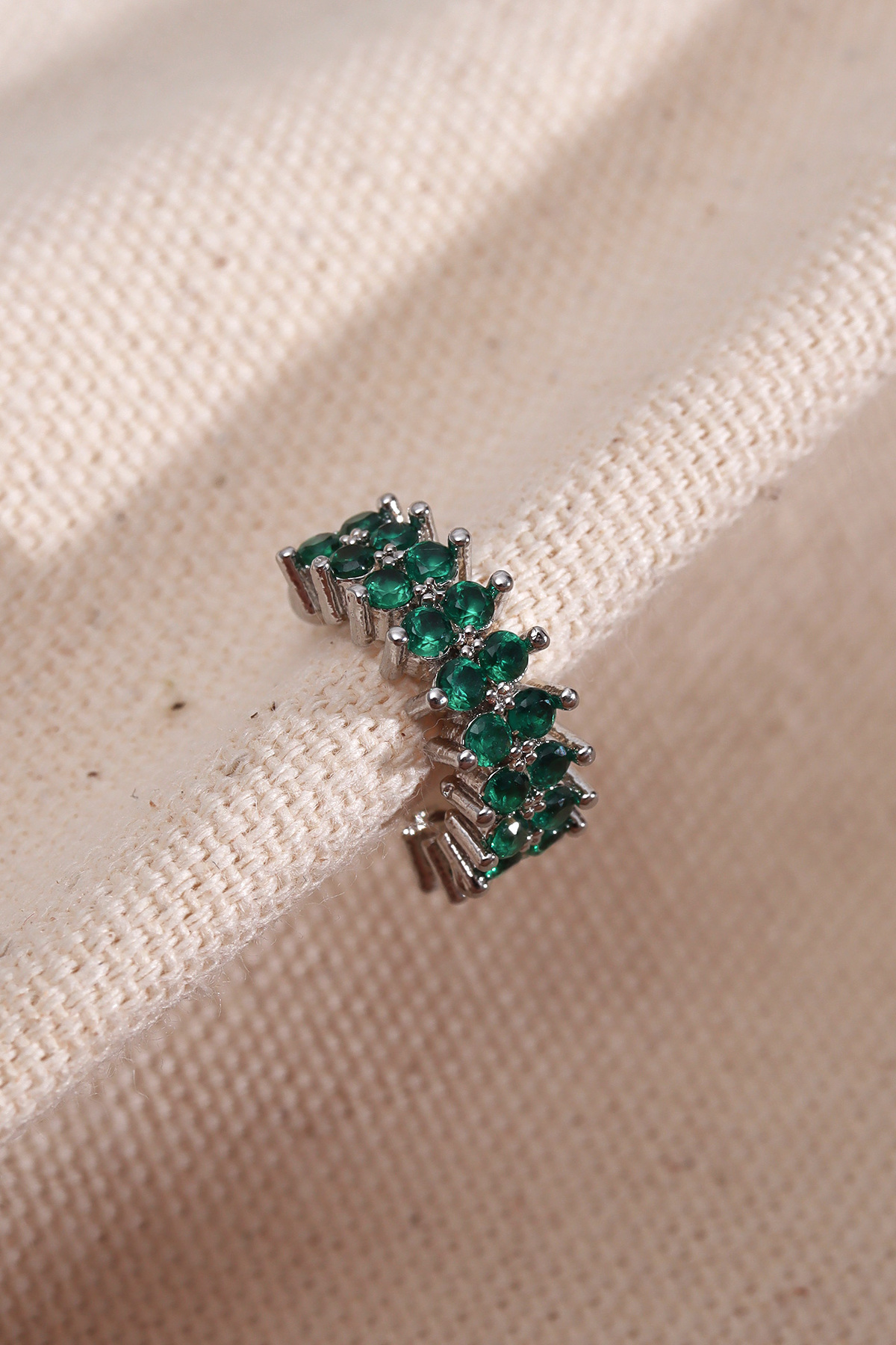 Single Compression Gold Cartilage Earrings with Two Row Green Gemstone