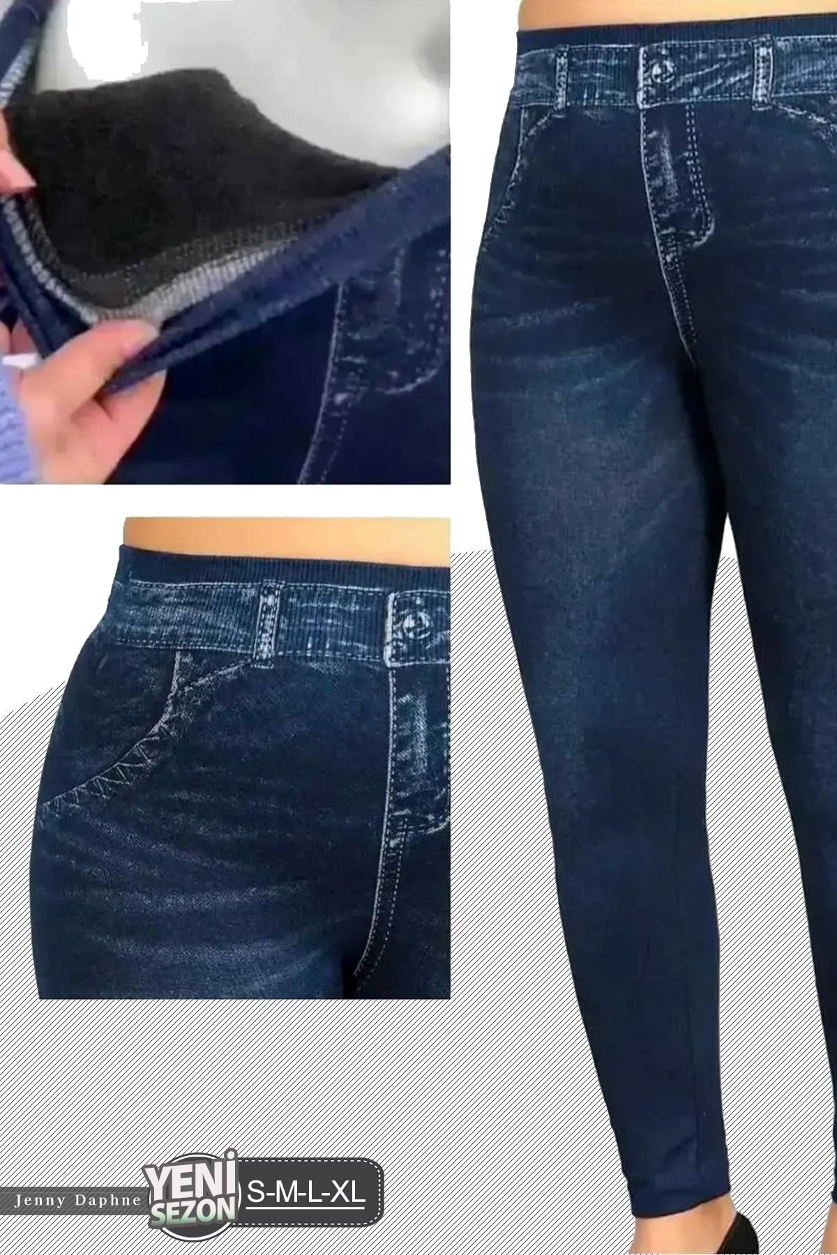 Jenny Daphne-Pantaloni din denim Jeny Daphne, cu aspect de pluș în interior, cu aspect de buzunar, jambiere din lycra înălțate 5