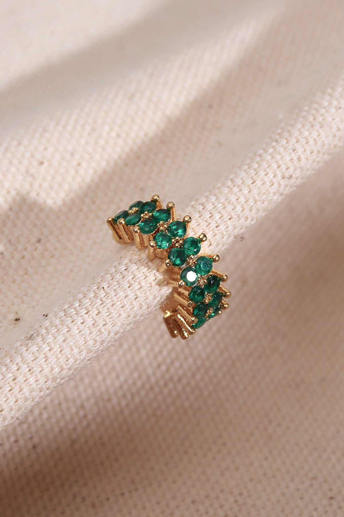 Single Compression Gold Cartilage Earrings with Two Row Green Gemstone