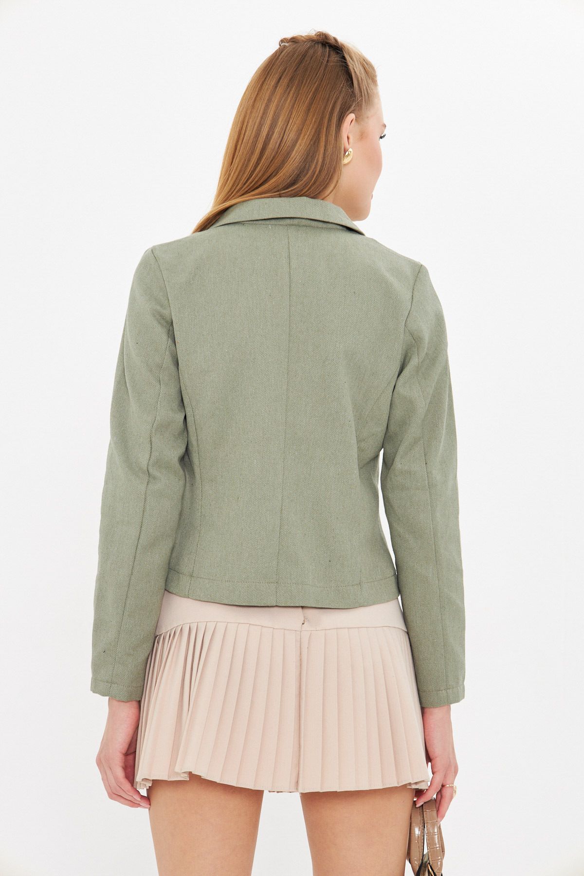 armonika-Women's Khaki Double Breasted Collar Gabardine Crop Jacket ARM-24Y001010 6