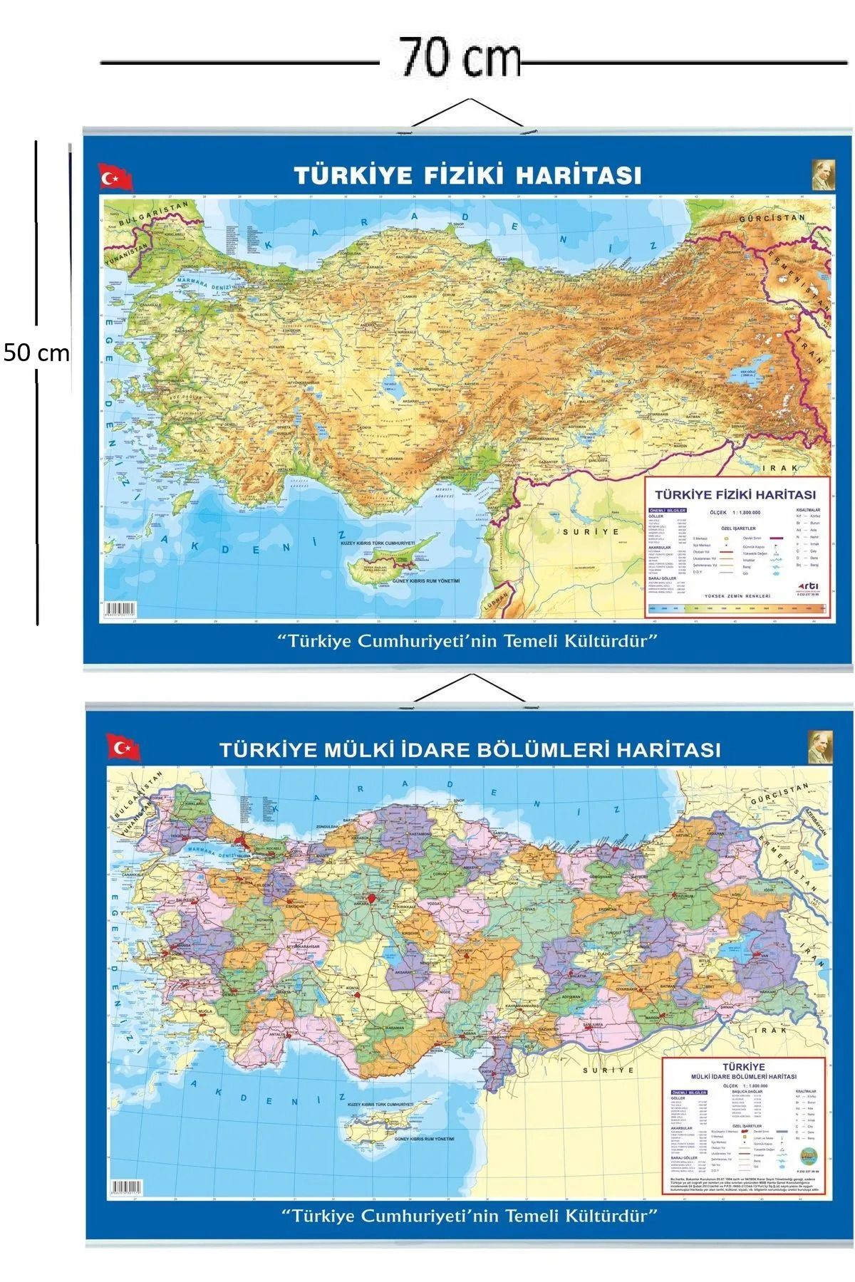 LRS STORE Türkiye Haritası 70x50 cm İp Askılı Çift Taraflı Siyasi ve Fiziki Okul-Ofis Harita