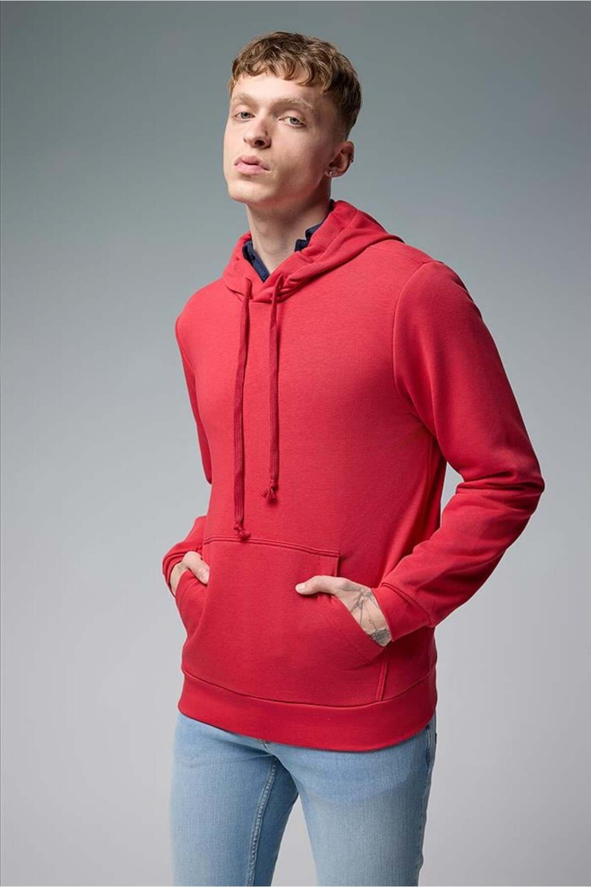 VENA-Men's Hooded Cotton Hoodie - Vi̇şne 1