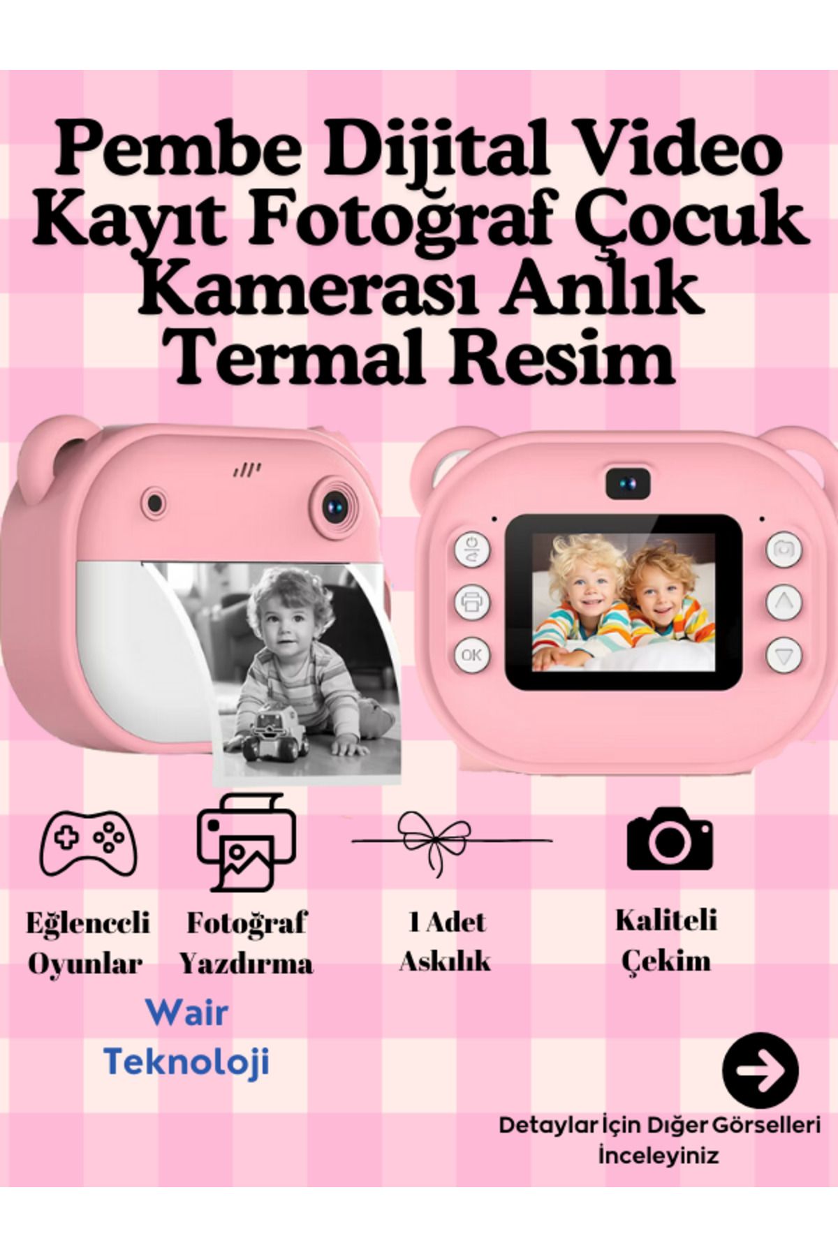 Wair Teknoloji Pembe Dijital Video Kayıt Fotoğraf Çocuk Kamerası Oyunlu Anlık Termal Resim Kağıt Baskılı