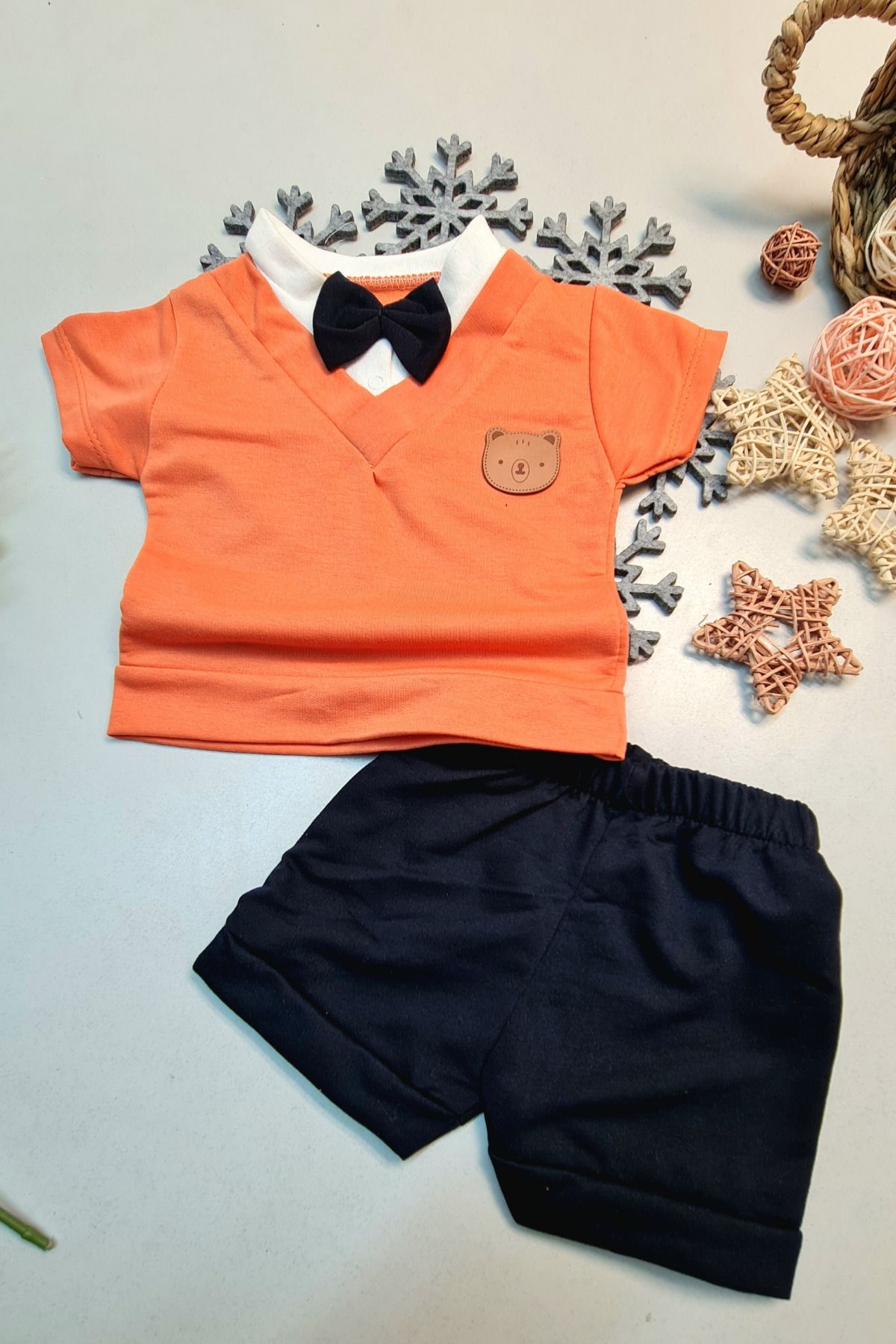 Easy Tedarik-Baby Boy Bow Tie Short Sleeve Summer Stylish Top and Bottom Set Orange 2