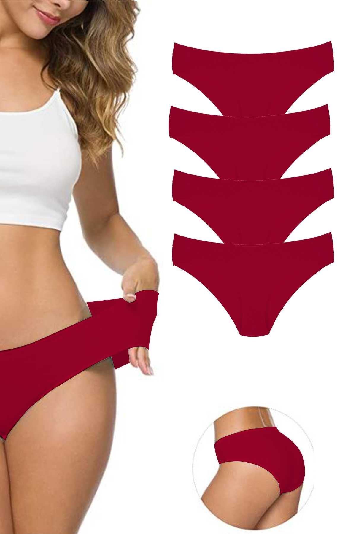 Easy Tedarik 4 Adet Kadın Dikişsiz Lazer Kesim Esnek İz yapmayan Külot Bordo
