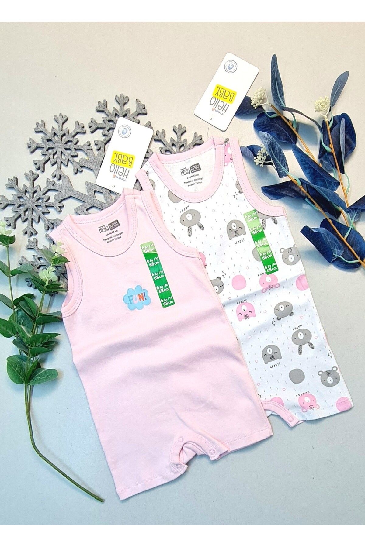 Easy Tedarik Kız Bebek Pembe Hello Baby Yazlık Kolsuz Çıtçtıtlı Body Tulum 2 Adet