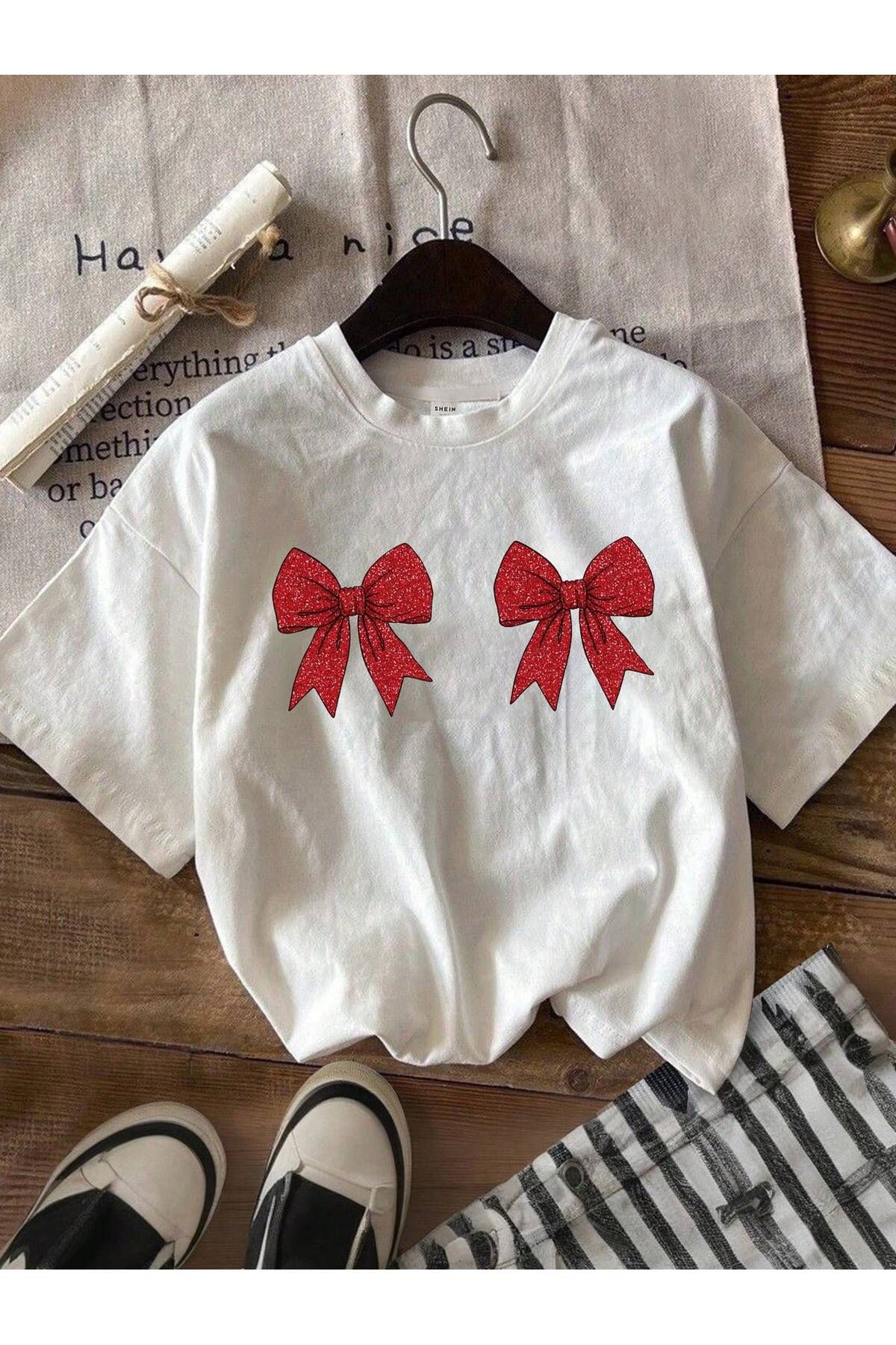 Alviora Tricou oversize cu imprimeu cu fundă strălucitoare de Crăciun de Crăciun