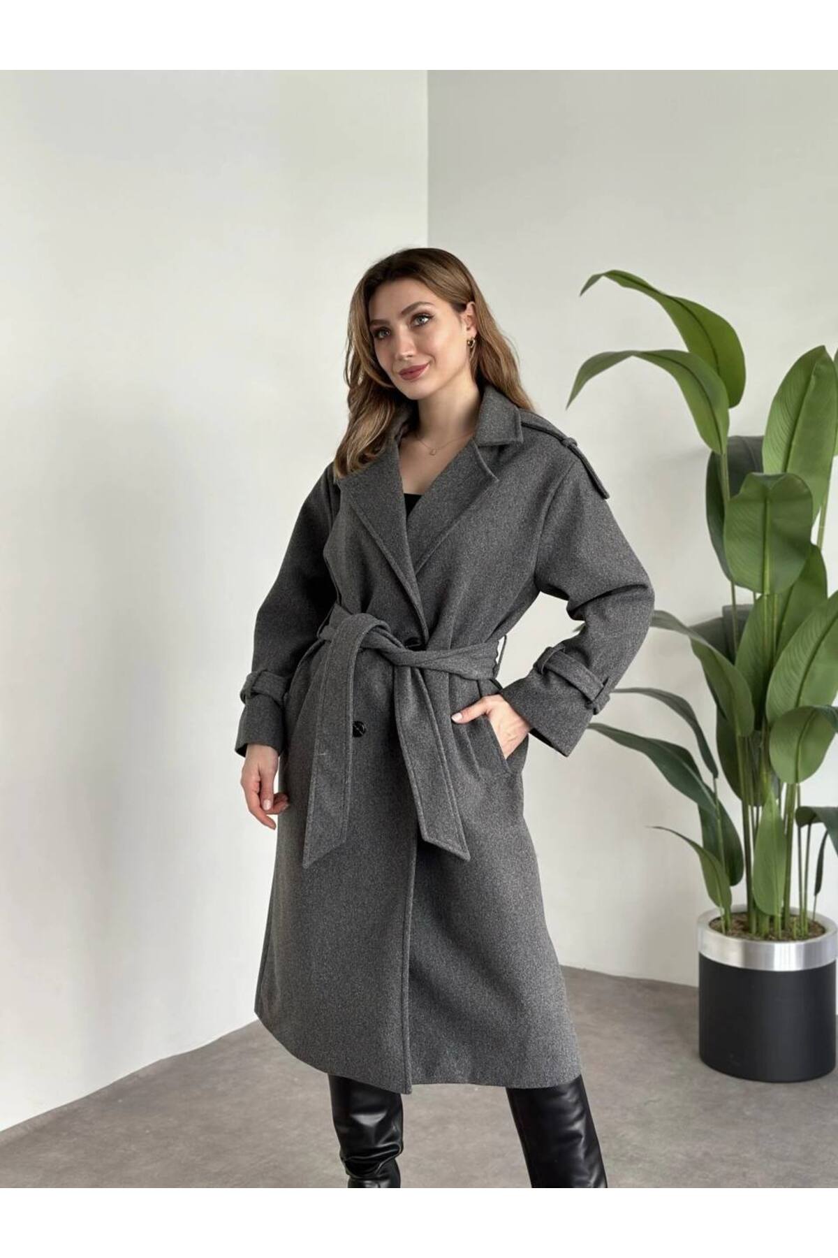 ARL MODA KADIN KIŞLIK BELDEN KUŞAKLI KAŞE KABAN görsel 3