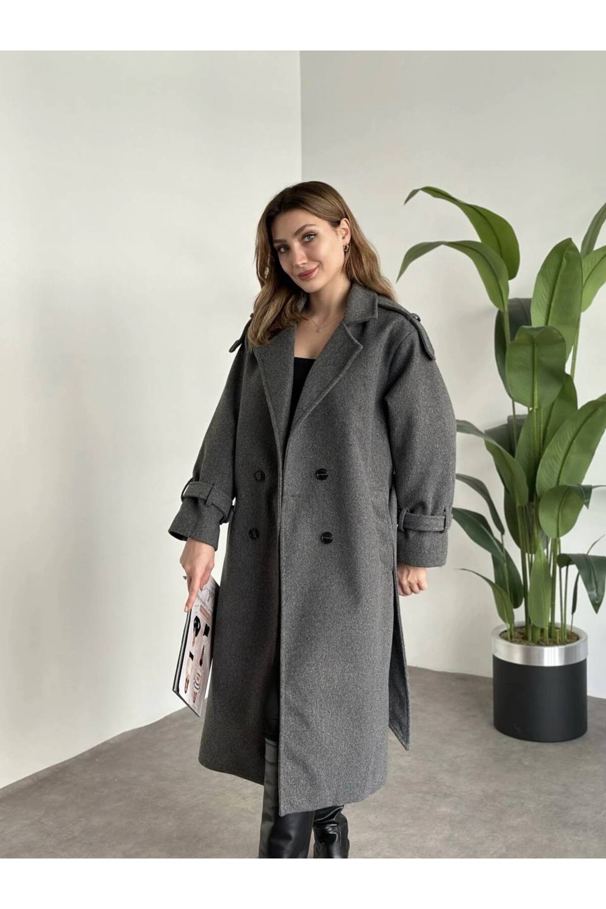 ARL MODA KADIN KIŞLIK BELDEN KUŞAKLI KAŞE KABAN görsel 4