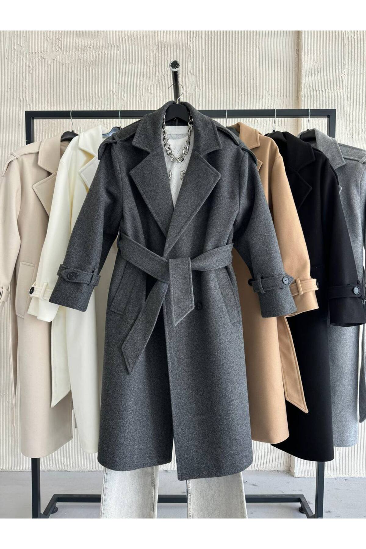 ARL MODA KADIN KIŞLIK BELDEN KUŞAKLI KAŞE KABAN görsel 5