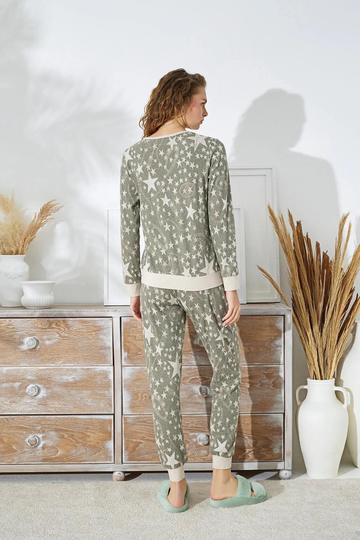 Sevim-15091 Star Pattern Thick Pajamas Set with Elastic Legs 3